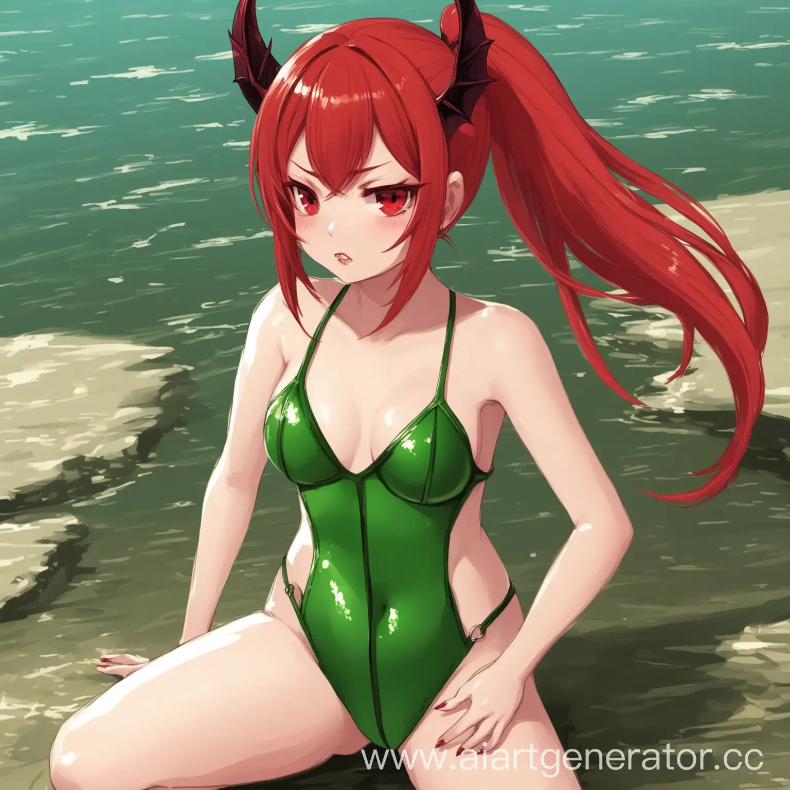 Милая девушка с рыжими волосами с хвостиком в зелёной купальнике суккуб