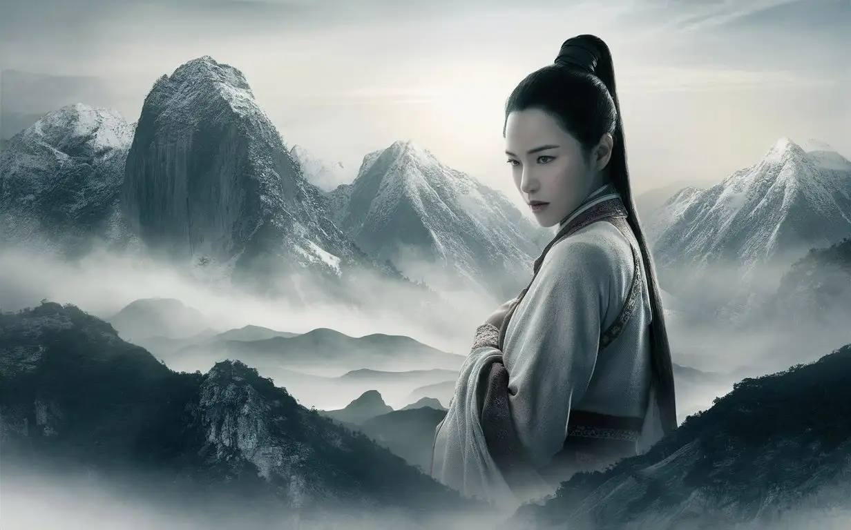 A Chinese woman stands on the mountain, indifferent.