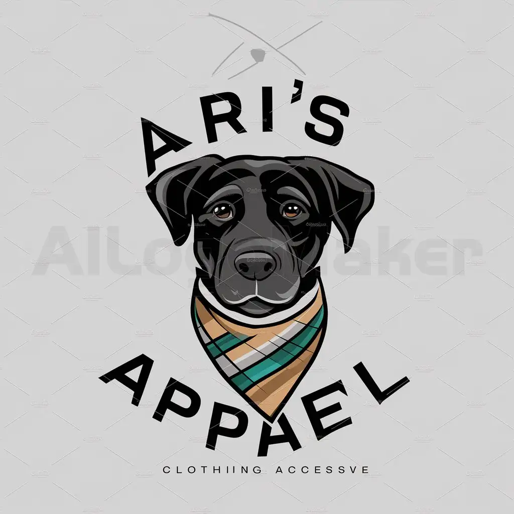 a logo design,with the text "Ari's Apparel", main symbol:Black dog wearing a multicolor bandana,Moderate,be used in Animals Pets industry,clear background