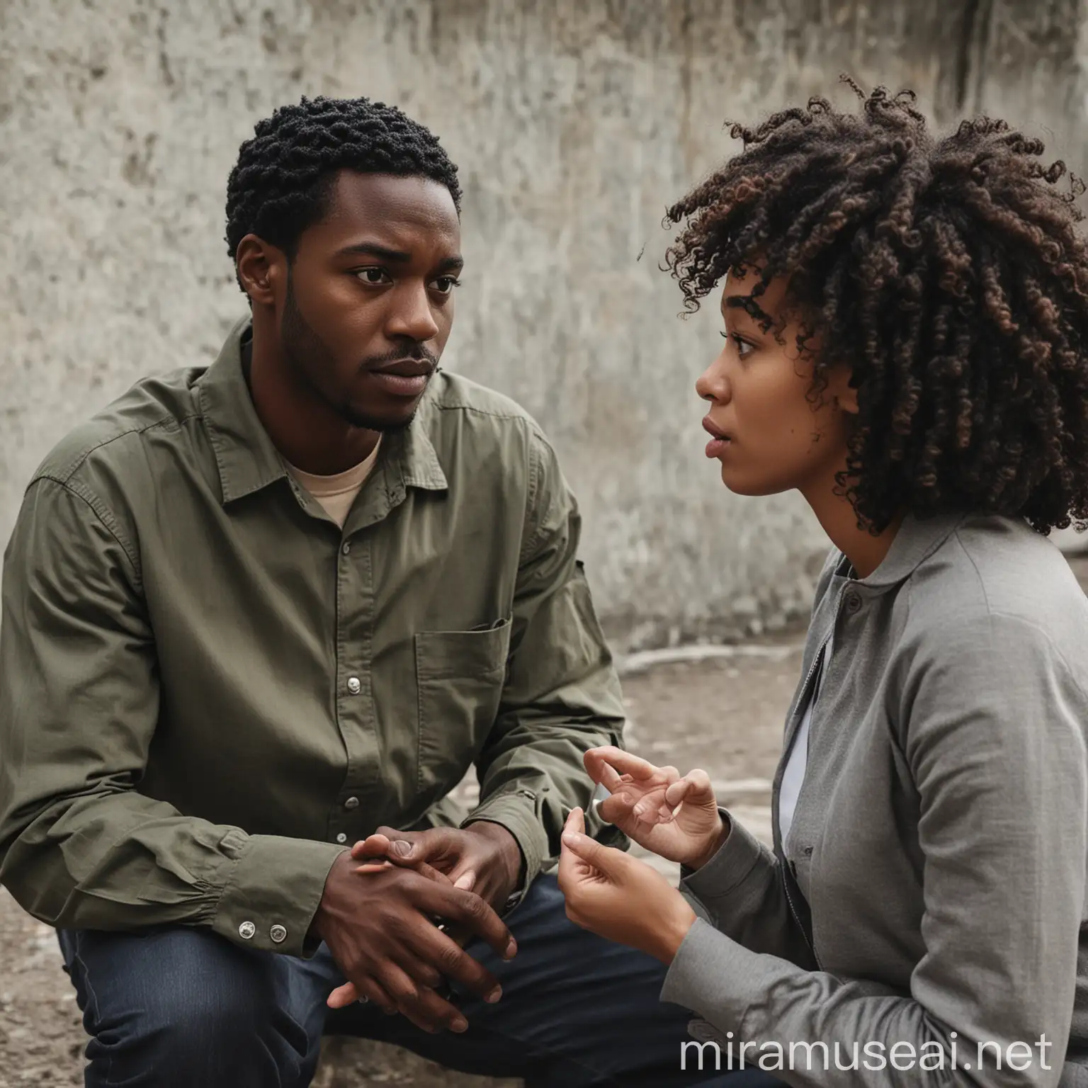 black male and female discussing an issue at unknown place