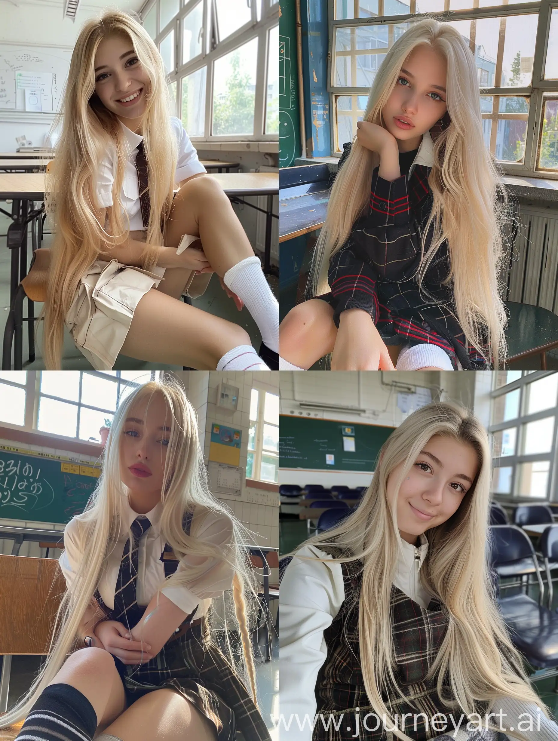 1 Ukrainian girl, long blond hair , 22 years old, influencer, beauty , in the school ,school japan  uniform , makeup, smiling, chão view, sitting on chair , socks and boots, no effect, selfie , iphone selfie, no filters , iphone photo natural