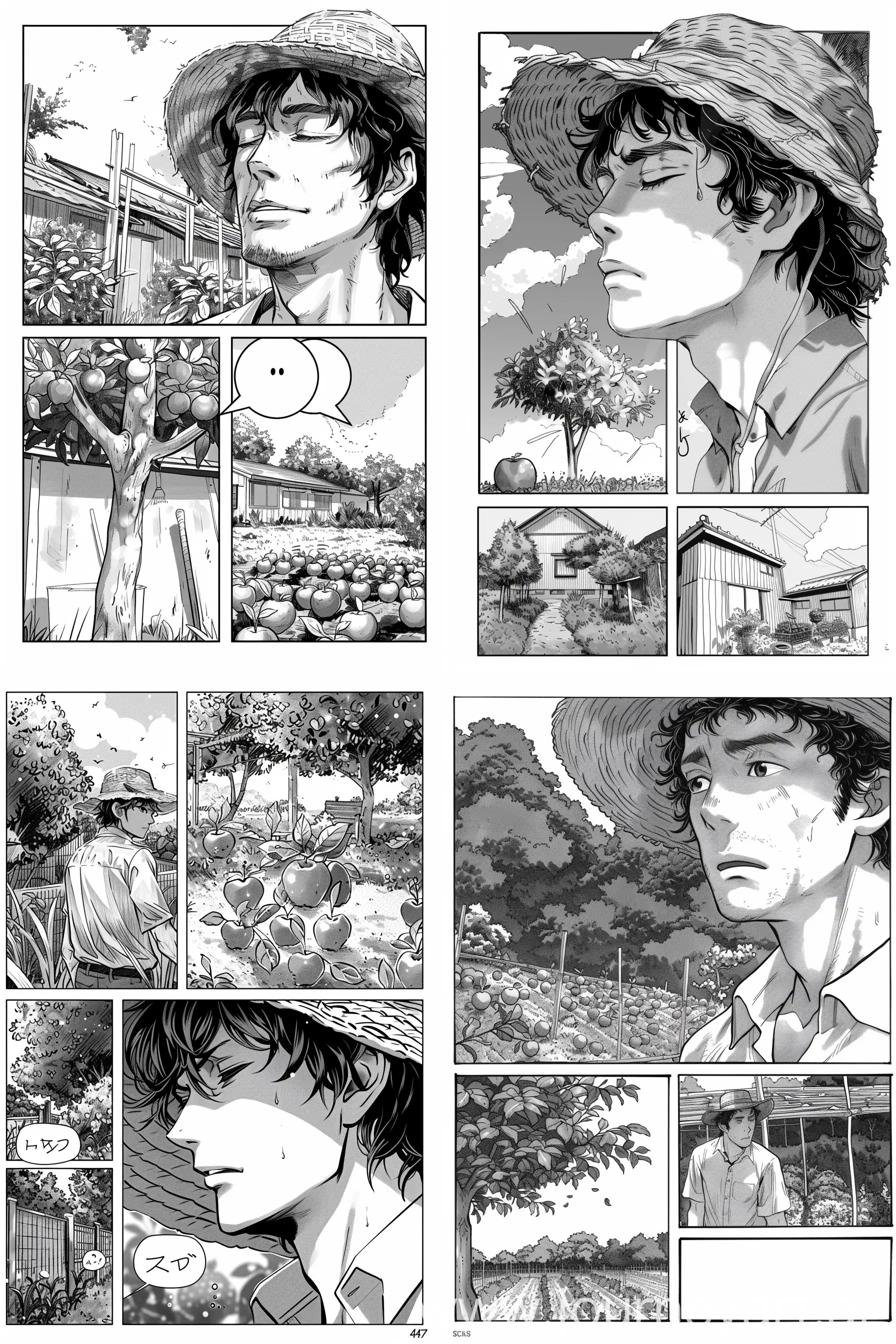 Manga page with 4 or 5 pictures,manga style,black and white,a farmer akhura who was just thinking something by closing his eyes hears a noise a noise from his backyard garden,show case his garden with an apple tree also,character Detail:akhura (farmer) is 47 year old man who has dark, wavy hair that is visible under a textured straw hat,a small nose, and a defined jawline,normal eyes. --ar 2:3 
