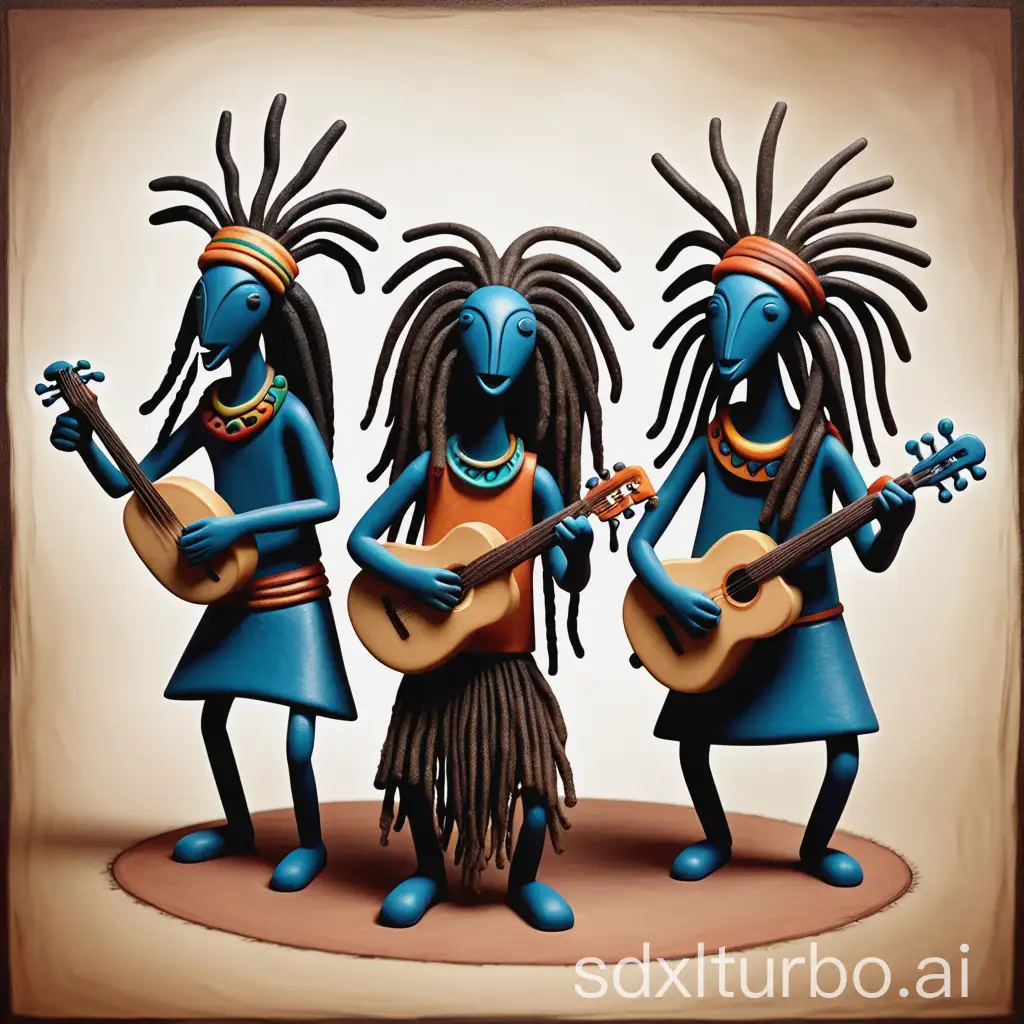 Whimsical group of musicians with dreadlocks. Kokopelli style. 