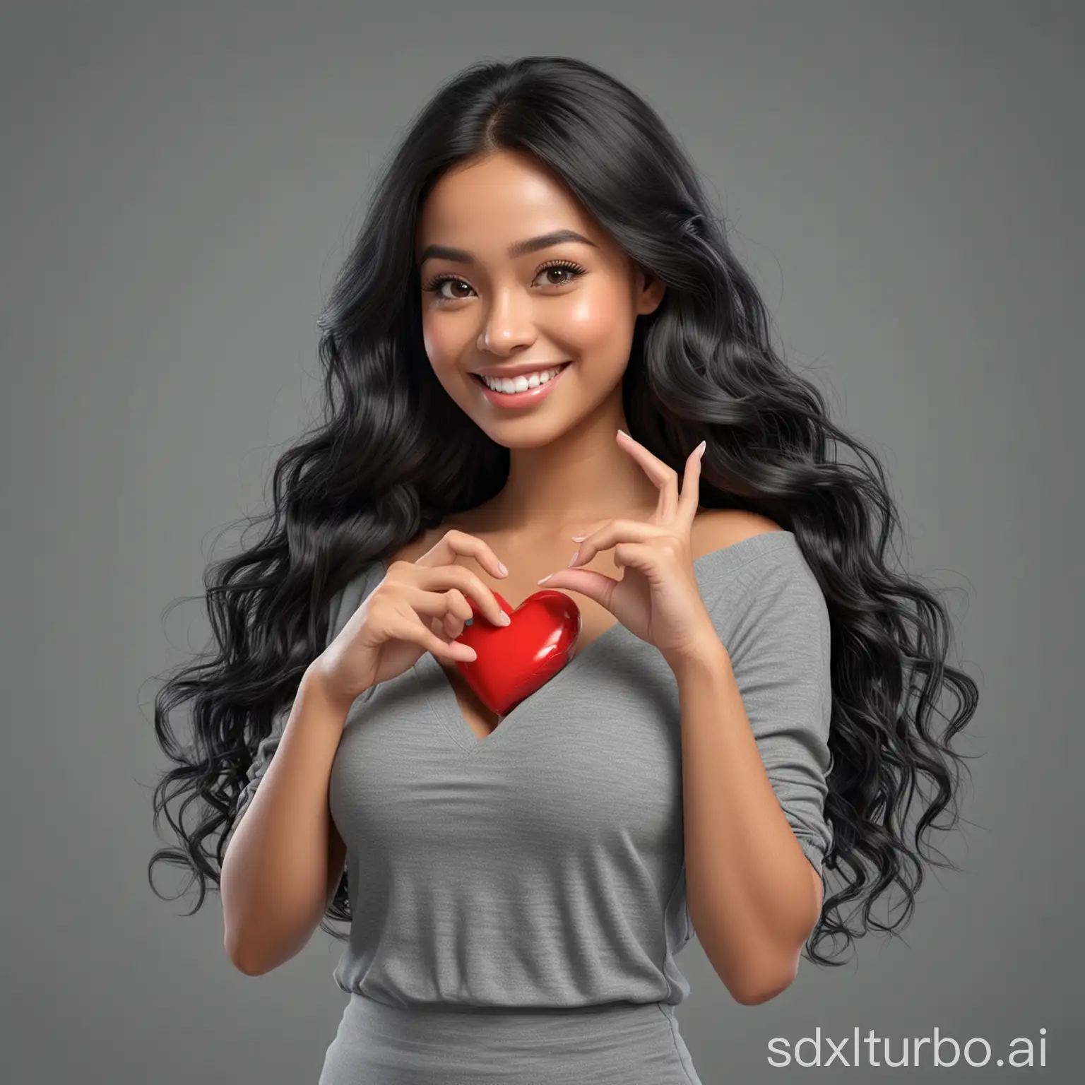 Hyperrealistic 3D Cartoon style character with big head. A beautiful 30 year old Indonesian woman, ideal body, long black wavy hair, smiling at the camera with her fingers forming a heart shape. Full body on a gray background. Use soft photography lighting. Hair lighting, top lighting, side lighting, high quality photos, UHD, 16K