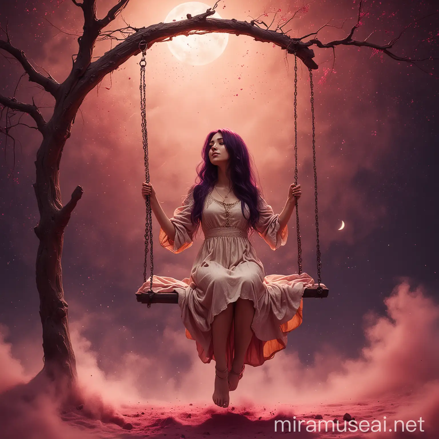 A beauriful woman, sitting on a swing, in the sky, surrounded by realistic dark pink dust. Long dark pyrple hair, long beige dres. Background lightening golden moon. Fantasy, illustration, digital art, illustration art, fantasy art, digital painting
