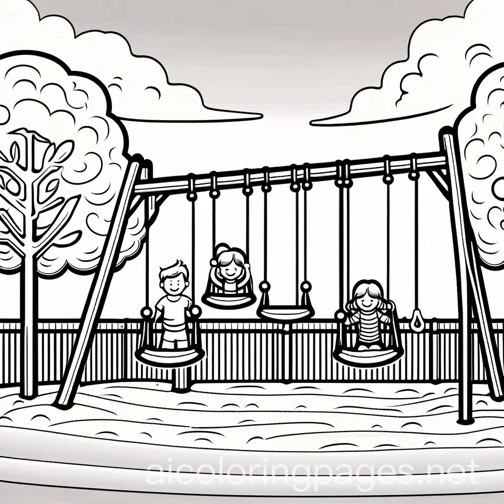 Children playing on swings, slides, and other playground equipment. , Coloring Page, black and white, line art, white background, Simplicity, Ample White Space. The background of the coloring page is plain white to make it easy for young children to color within the lines. The outlines of all the subjects are easy to distinguish, making it simple for kids to color without too much difficulty