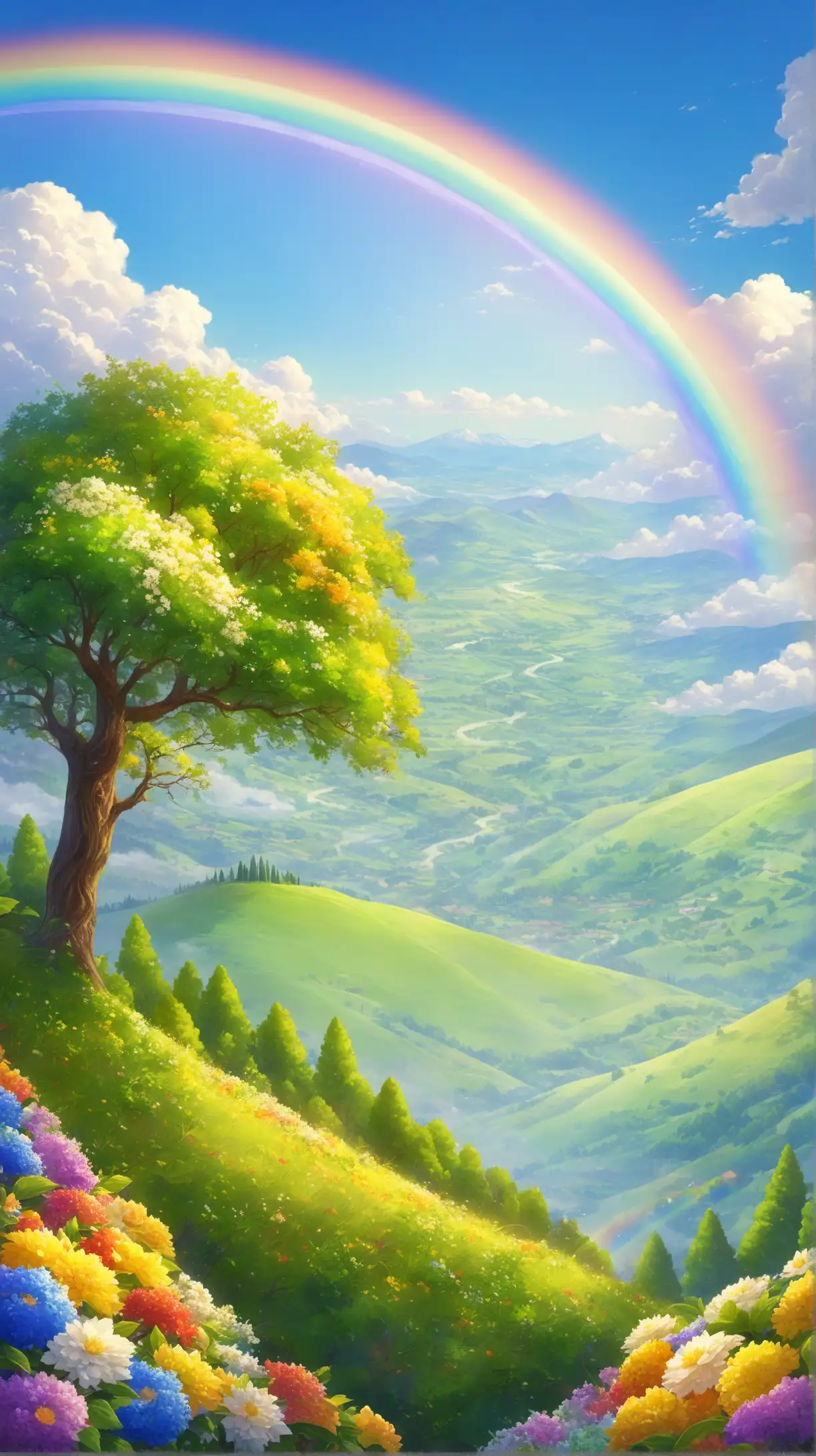 蓝天白云,一道彩虹，绿色的远山，树叶挂满枝头，山坡满满金色的阳光，两边绿地上开满大朵的鲜花