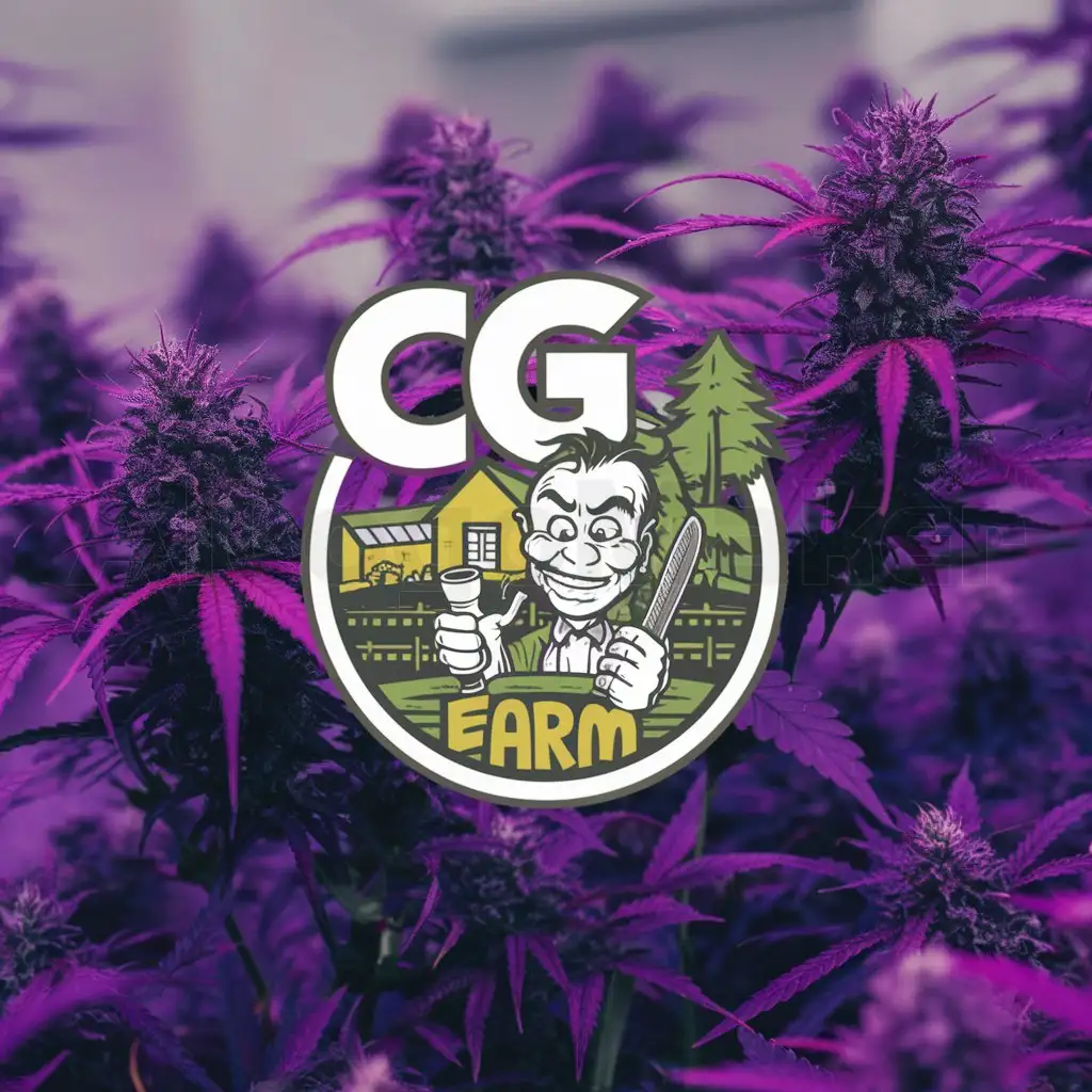 LOGO-Design-For-Purple-Weed-Farm-Animated-Cartoon-with-Bong-and-Machete