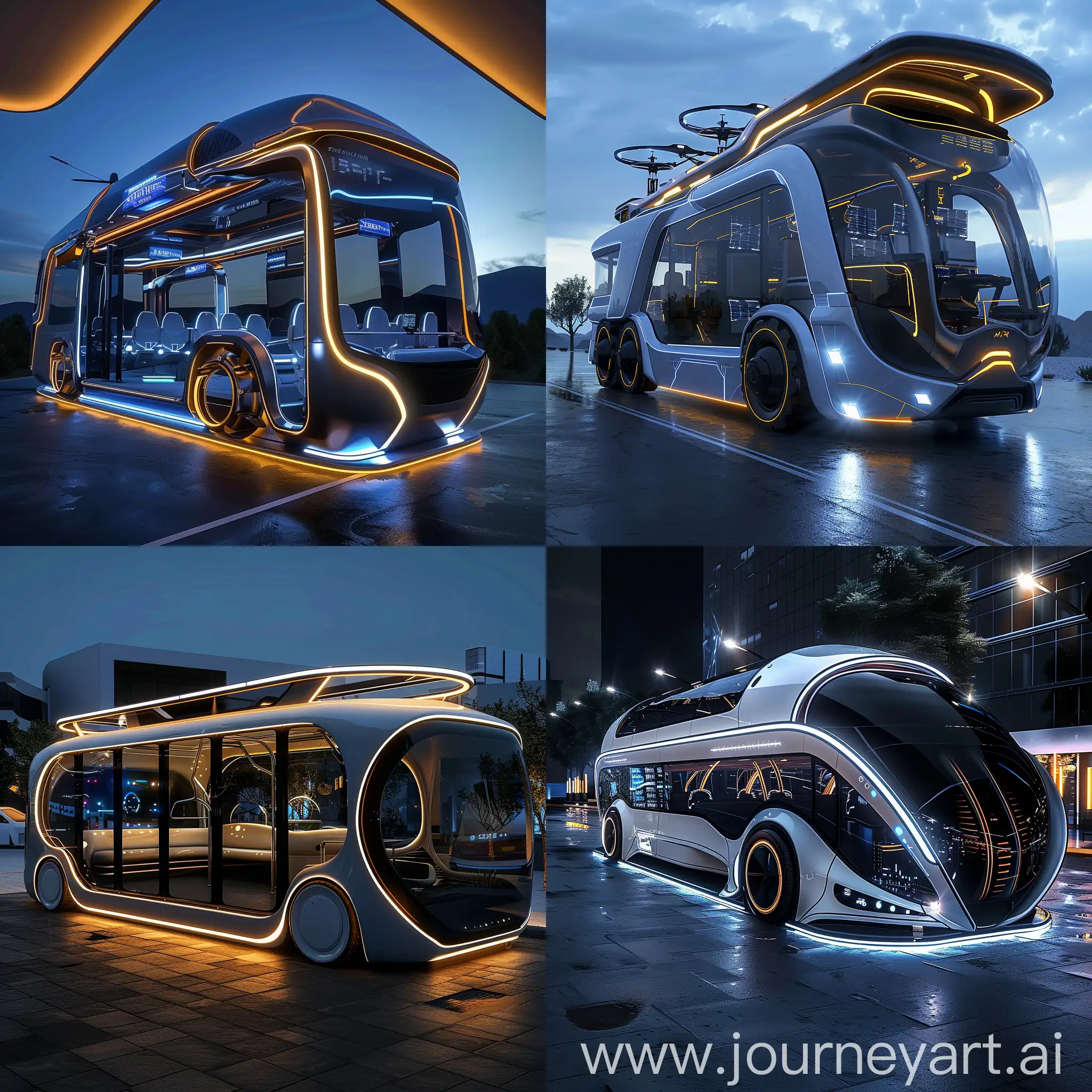 Sci-Fi bus, Advanced Science and Technology, Advanced, Autonomous Driving Systems, Electric Powertrains, Regenerative Braking, Smart Suspension Systems, Energy-Efficient HVAC, AI-Powered Maintenance, Modular Interior Design, Advanced Navigation Systems, Wireless Charging, Augmented Reality Windows, Aerodynamic Design, Solar Panel Integration, E-ink Display Surfaces, Smart Glass, LED Lighting, Robotic Wheel Units, Drone Deployment Ports, Retractable Connectors, Interactive Exterior Panels, Advanced Material Usage, In Unreal Engine 5 Style --stylize 1000
