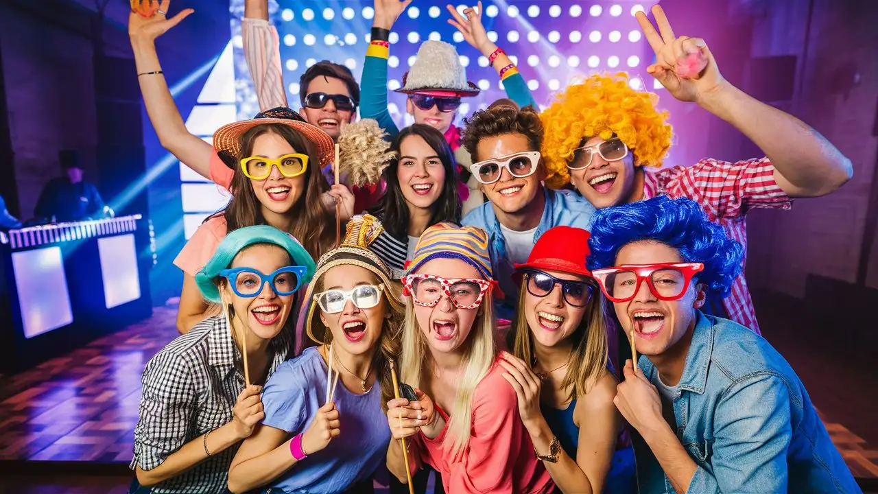Erstelle mir ein Gruppenfoto von jungen menschen die ausgelassen auf einer dj party für ein Foto Posieren, mit Kostüm requisiten wie man sie für eine fotobox verwendet