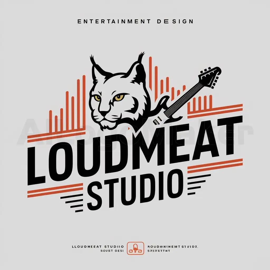 a logo design,with the text "Loudmeat studio", main symbol:Lynx, electric guitar, sound wave,Moderate,be used in Entertainment industry,clear background