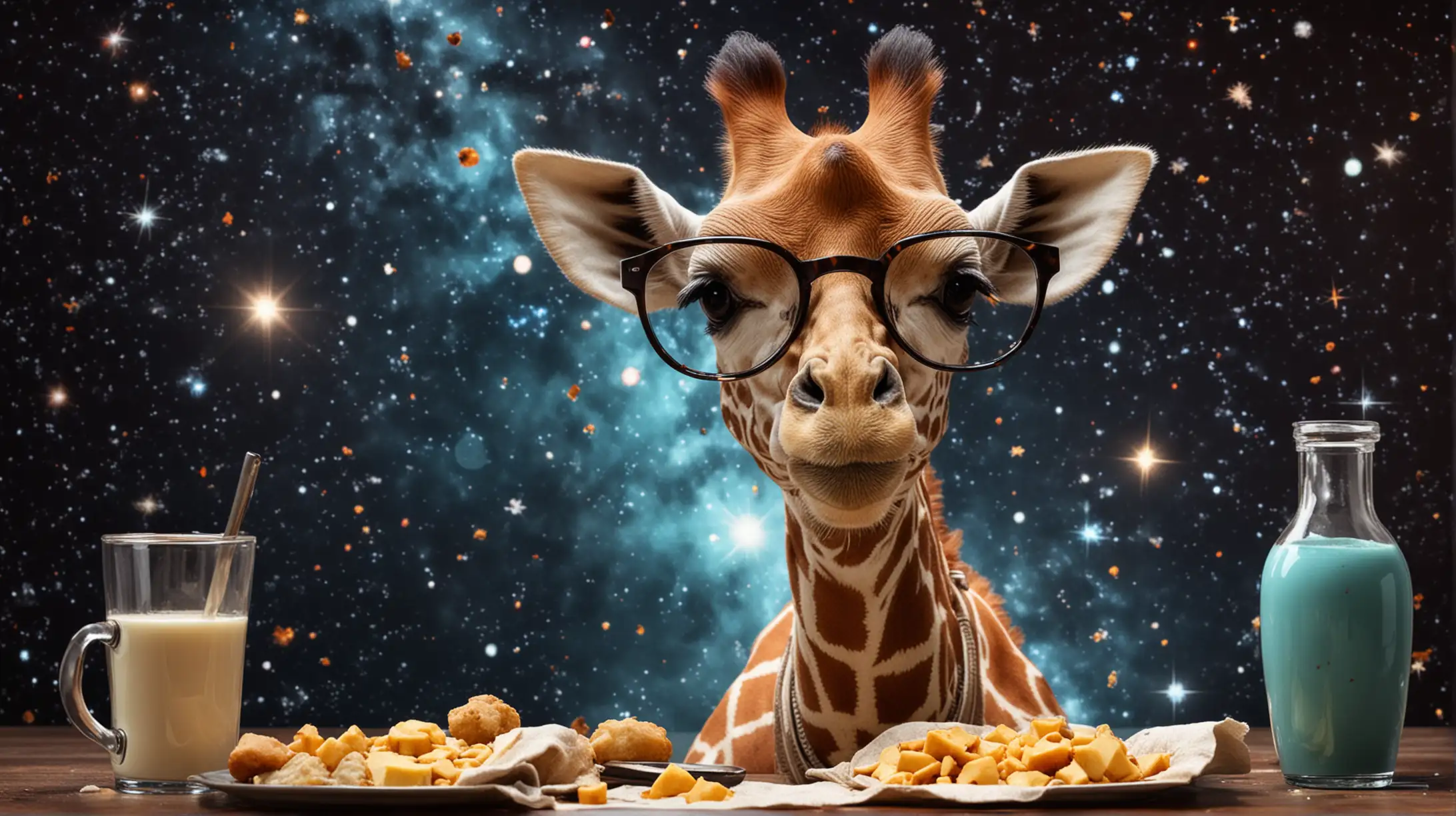 baby Giraffe with glasses in the space coocking 