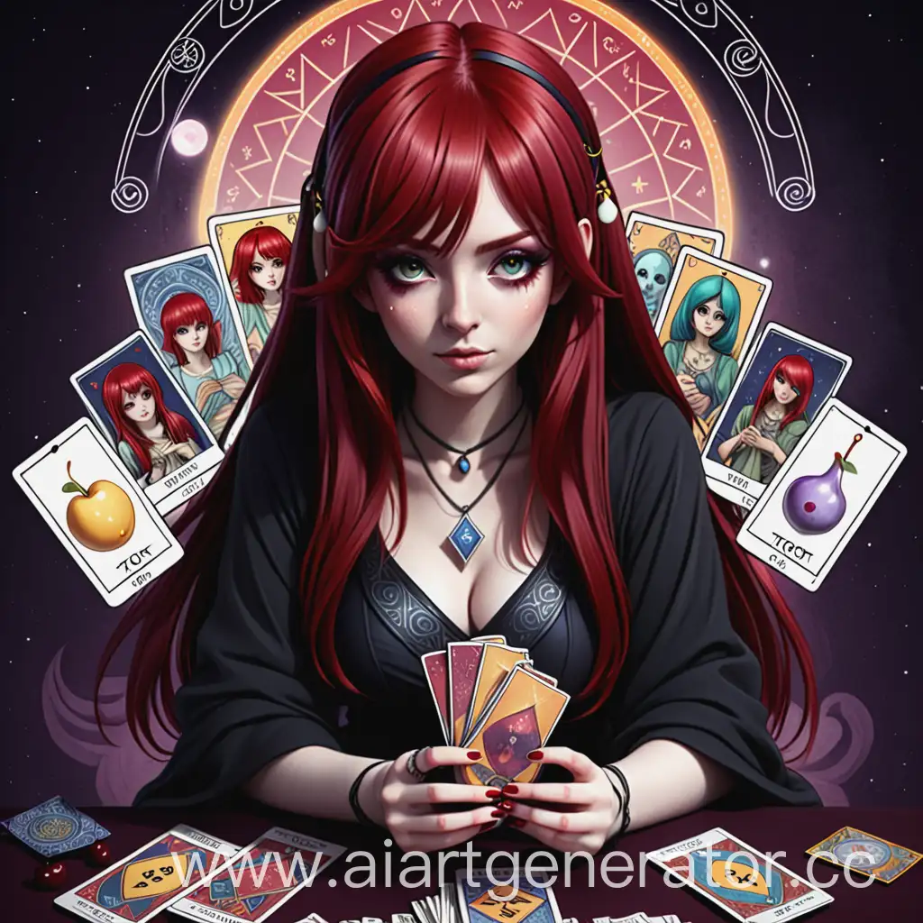 Anime-Girl-with-Cherry-Red-Hair-Fortune-Teller-Reading-Tarot-Cards