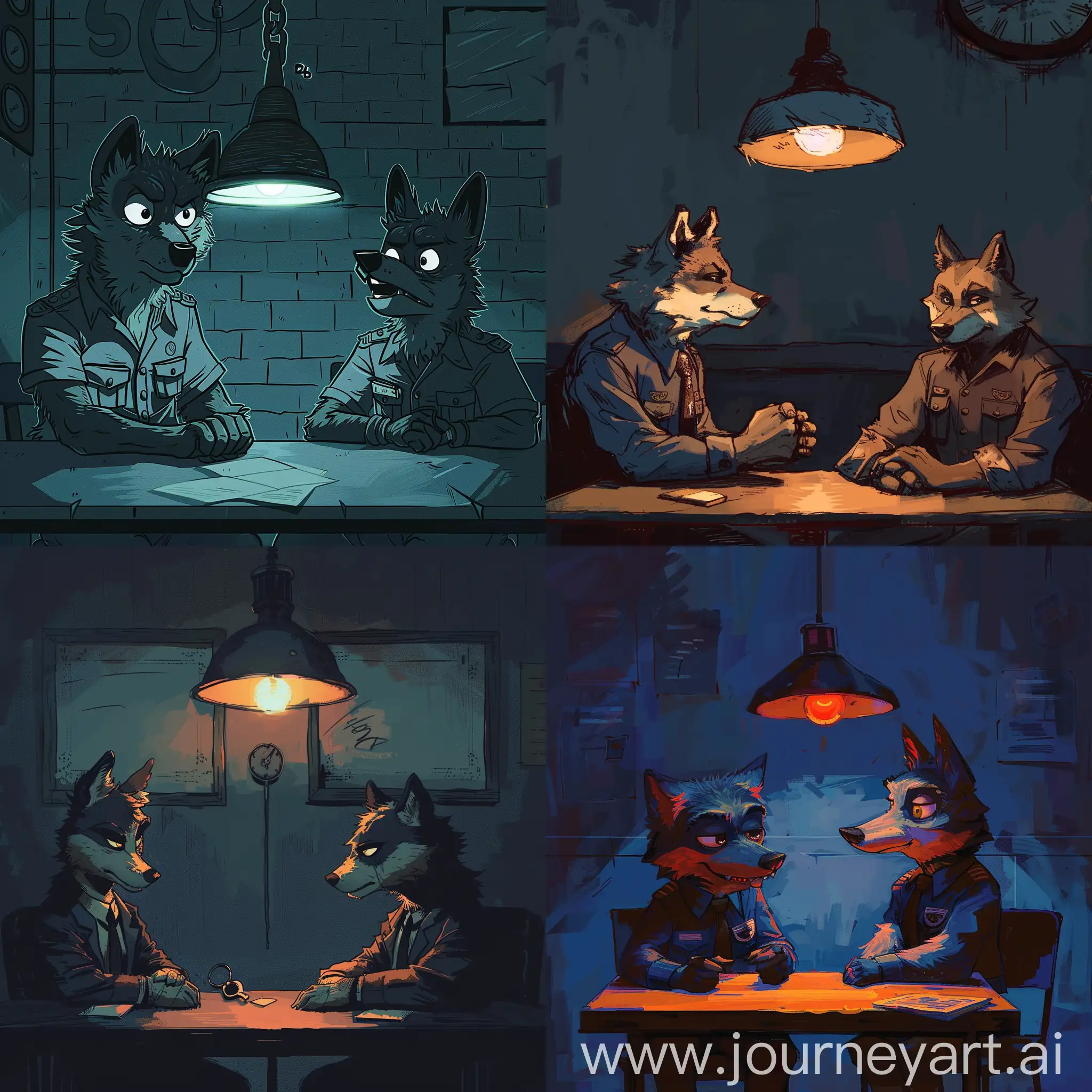 Confession room of the police department, a wolf with a mysterious, smug face and a confident smile is sitting, wearing a detective's uniform, another wolf, smaller and very scared, is on the other side of the table, his hands are cuffed, the room is dark.  And the only lamp hanging above their heads illuminates the table, comic style