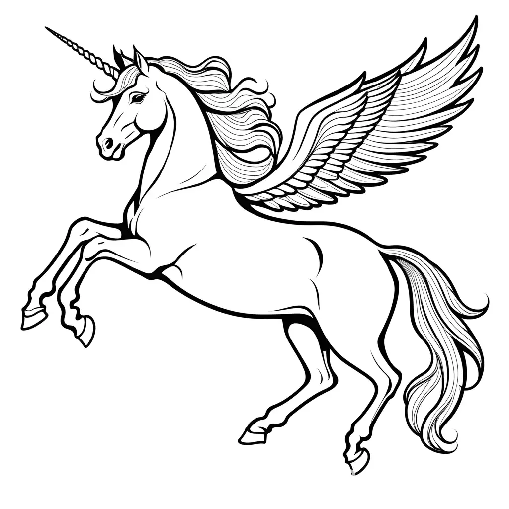 fliegendes einhorn, Coloring Page, black and white, line art, white background, Simplicity, Ample White Space. The background of the coloring page is plain white to make it easy for young children to color within the lines. The outlines of all the subjects are easy to distinguish, making it simple for kids to color without too much difficulty