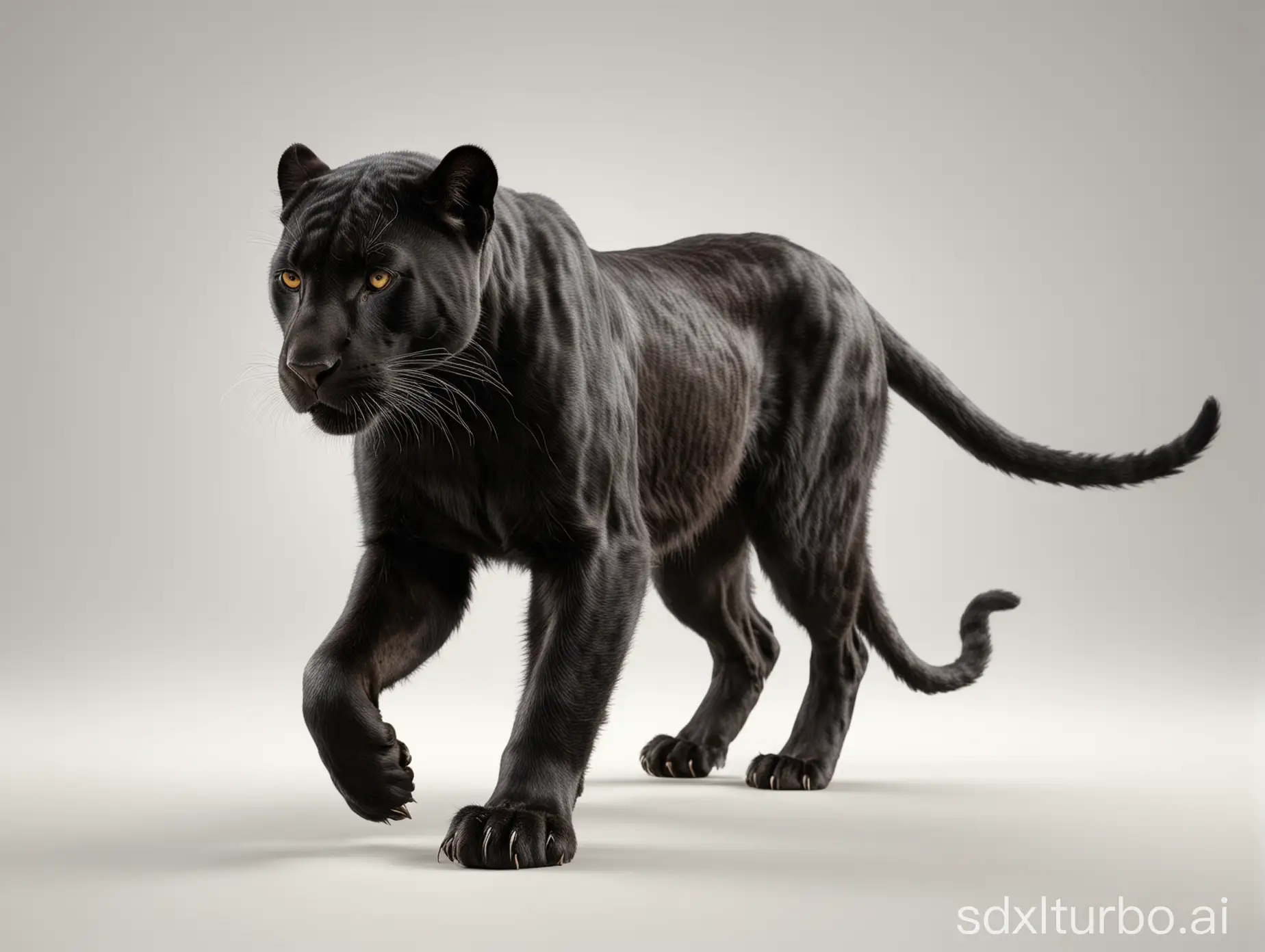black panther walking isolated on white, side view，looking down：45degree，high resolution,masterpiece，realistic，
real body