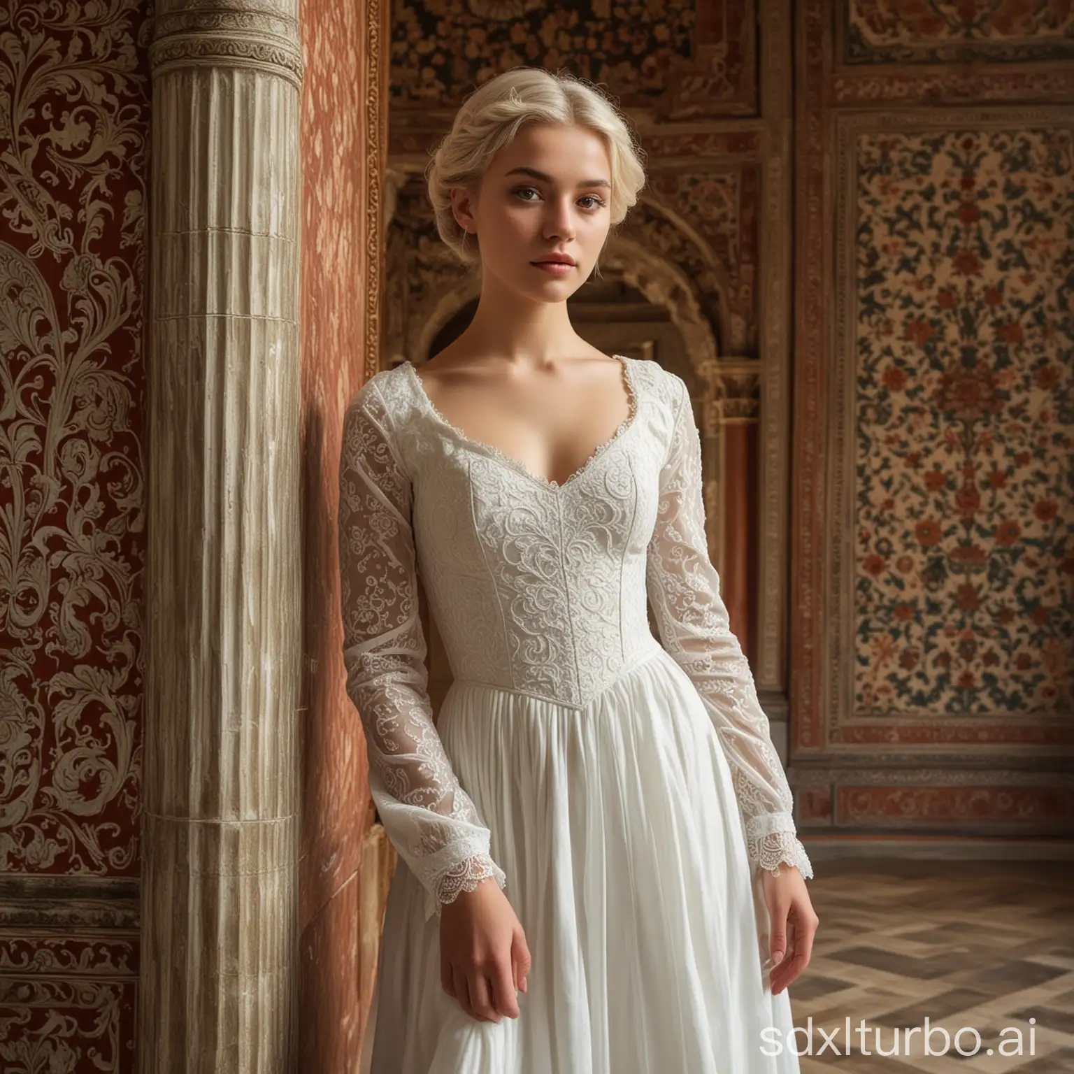 The image captures a beautiful woman with short blonde hair wearing a 15th century dress stained with blood on sleeves neckline and her face in an elegant setting. The background is made up of intricately designed walls and  classics, giving off a magnificent atmosphere. Specific items or elements: Person: Wearing a stunning pure white dress stained with blood , the hem gracefully extends to the floor. The dress features a long sleeve design , accentuating the elegance of the outfit. To protect privacy, the person's face is obscured. Dress Details: Made of  fiber, it reflects light beautifully. The waist of the dress is pleated, highlighting the silhouette of the wearer. Shoes: Paired with delicately designed open-toe high heels, they complement the fashion of the dress. Background environment: A wall with text patterns serves as the background, increasing the grandeur of the scene. You can see a gorgeously decorated classically designed table, with a vase full of plants on top. Floor: The glossy floor reflects some elements of the room, making the overall presentation more perfect.

Woman: the woman is a young teenager of 18 years old with short white hair and very beautiful, perfect face, perfect nose, perfect eyes.
thick thighes
Medium plane