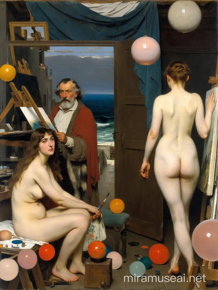 Master Painter Teaching Young Nude Model in Studio Scene