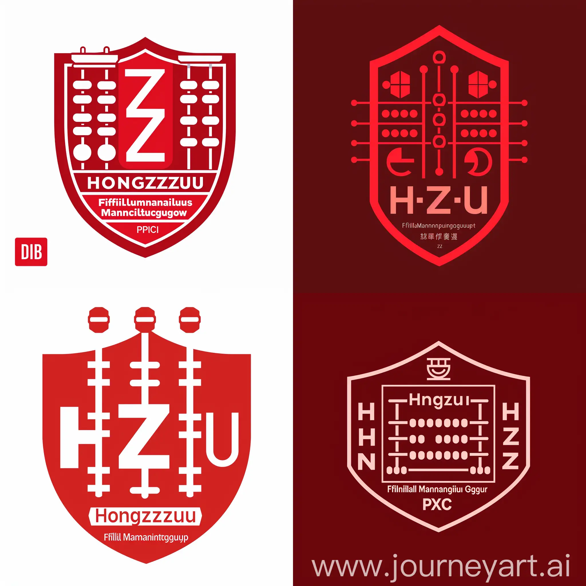 **Description**: Create a minimalist logo image representing the concept of business-finance integration, featuring the iconic imagery of the "Hongzhu" brand. Incorporate variations and blending of the letters "H" and "Z" along with accounting and abacus motifs, all in a shield or insignia style. Additionally, include "Financial Management" in English. The logo should convey professionalism and simplicity, while incorporating financial and accounting elements. Additionally, include elements inspired by logos of international consulting firms and insignias of prestigious international universities. **Examples**: McKinsey, Deloitte, Accenture, Bain, IBM, Boston Consulting Group. **Constraints**: Use red color and keep the design minimalist. Incorporate the "hongzhu" brand. Avoid the depiction of human figures. **Preferences**: Include a shield or emblem motif. **Output Format**: PNG.