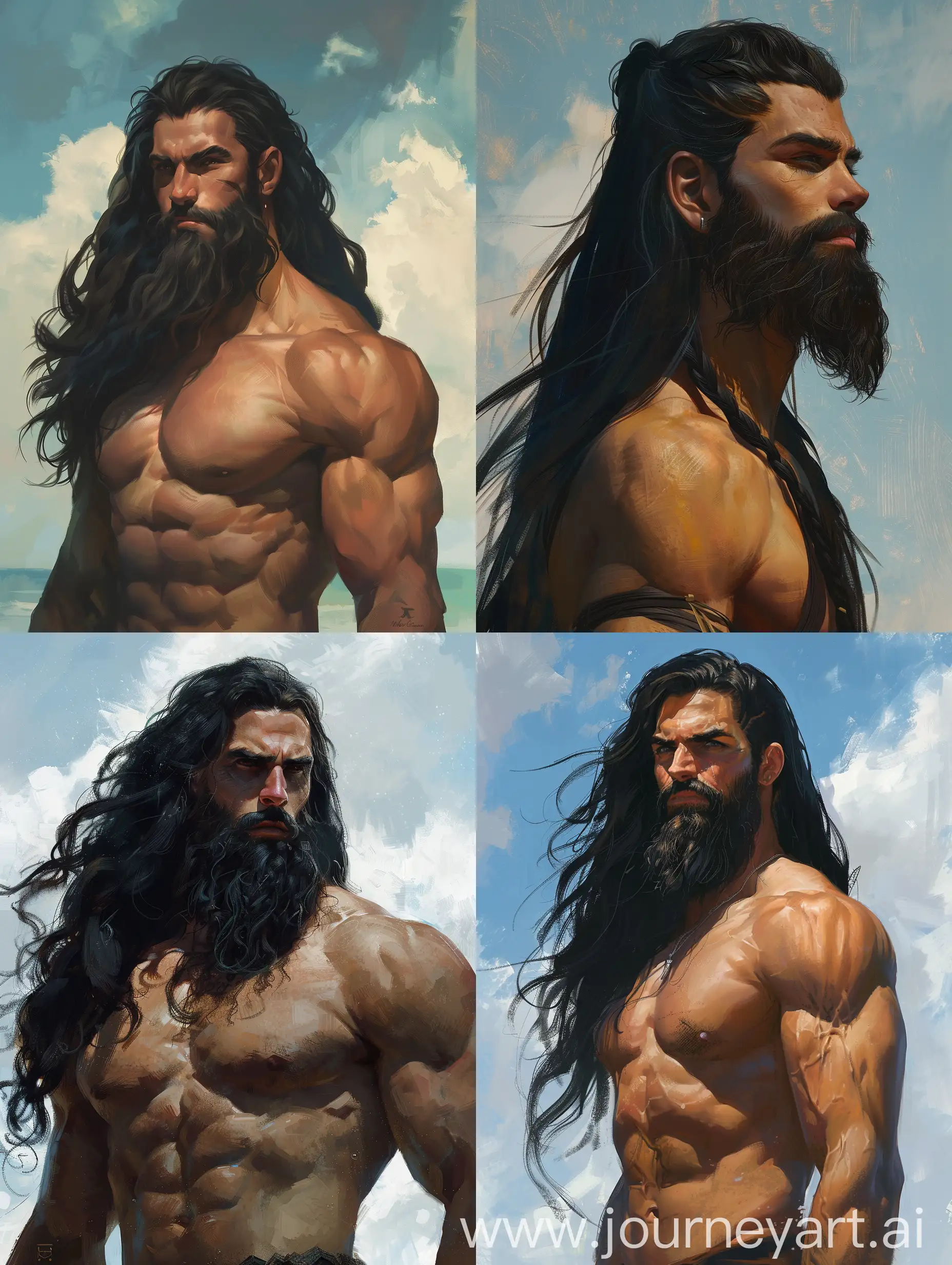 Subject: waist up of a god as a man. Tall, bronze skin, grey eyes, muscular and chiseled, stunning beauty, long black hair, long black beard.

Background: the open sky.

Color and style and detail: most beautiful artwork in the world, professional majestic oil painting by Ed Blinkey, Atey Ghailan, Studio Ghibli, by Jeremy Mann, Greg Manchess, Antonio Moro, trending on ArtStation, trending on CGSociety, Intricate, High Detail, Sharp focus, dramatic, photorealistic painting.

@planet.ai, visually striking composition. #ai #aiart #midjourney.

Artist Memento Mori, Edward Burne-Jones painting.
