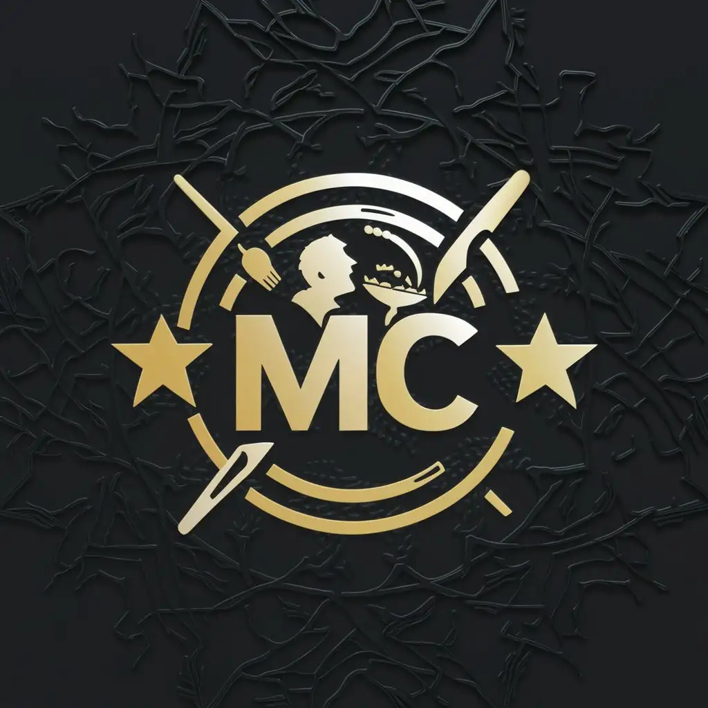 a logo design,with the text "MC", main symbol:I would like something like this with 'guy with food'  as well in something else You see the Mc style I would also like it to be done on a dark theme with gold writing and a star 🌟 at each end Not forgetting MC written the same way in the center in gold always,complex,clear background