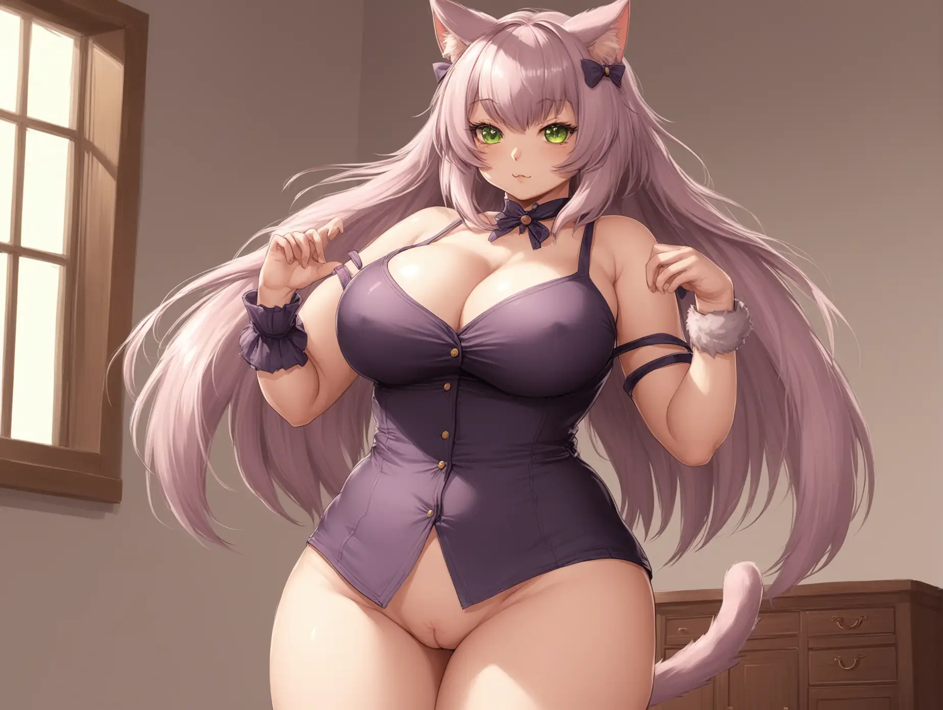 a catgirl, adult, large chest, inlarge