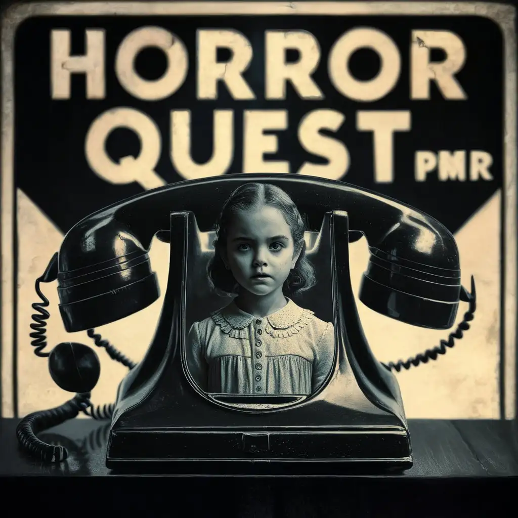 Девочка из звонка стоит, на фоне надпись horror quest pmr