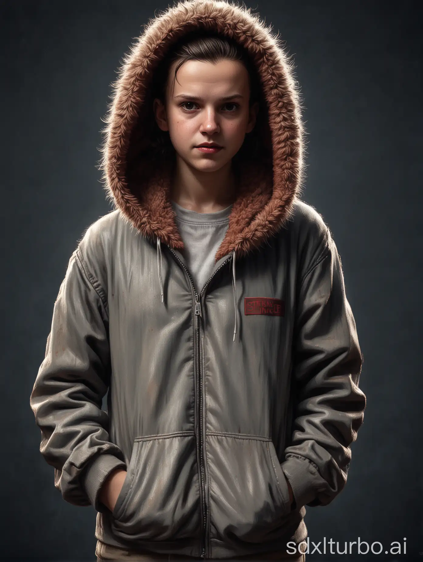 eleven, fur-lined hoodie, stranger things, full body, ultra HD detailed painting, digital art