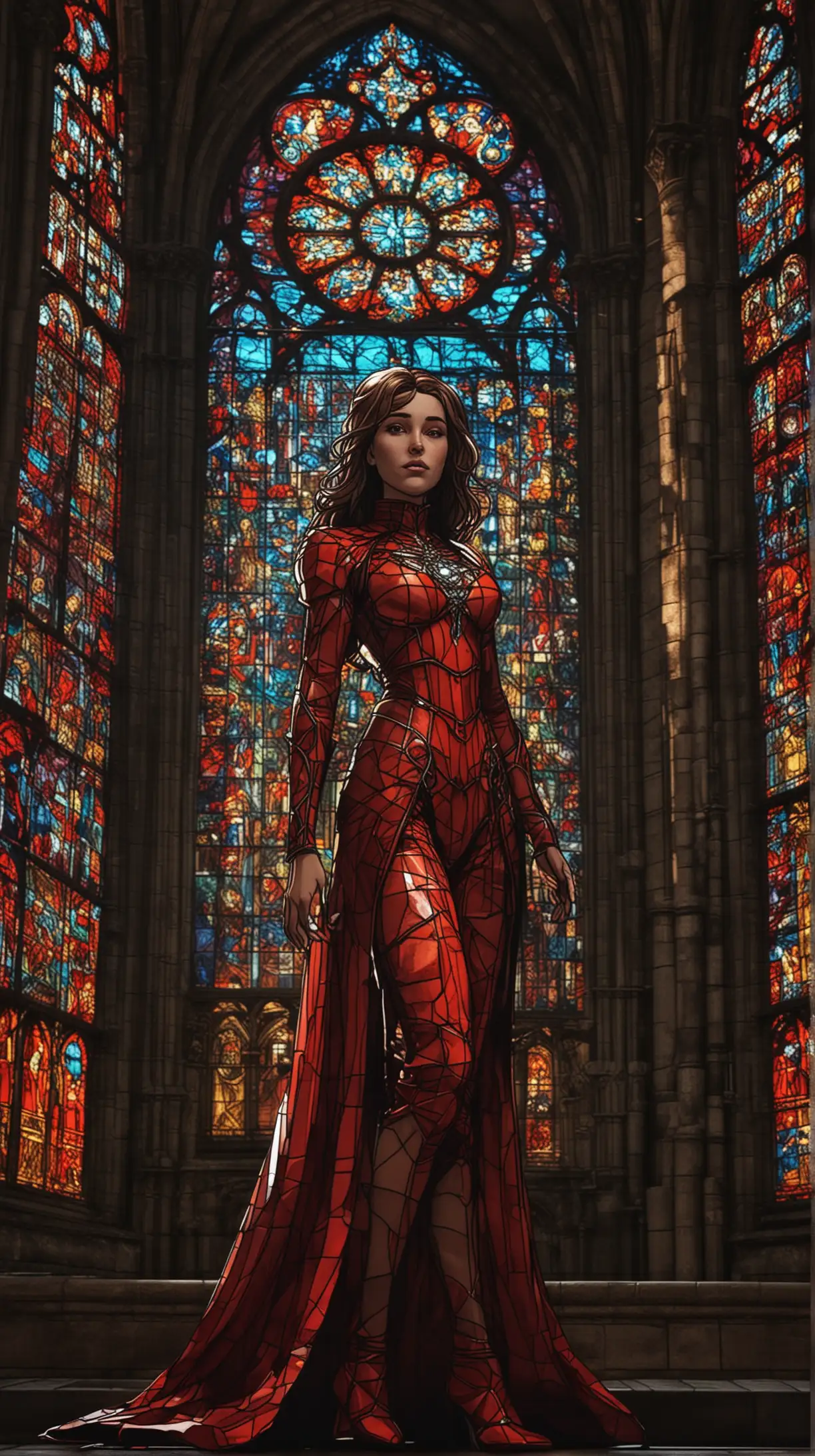 Valentina personaggio fumetto , in una cattedrale  con effetto dalle vetrate