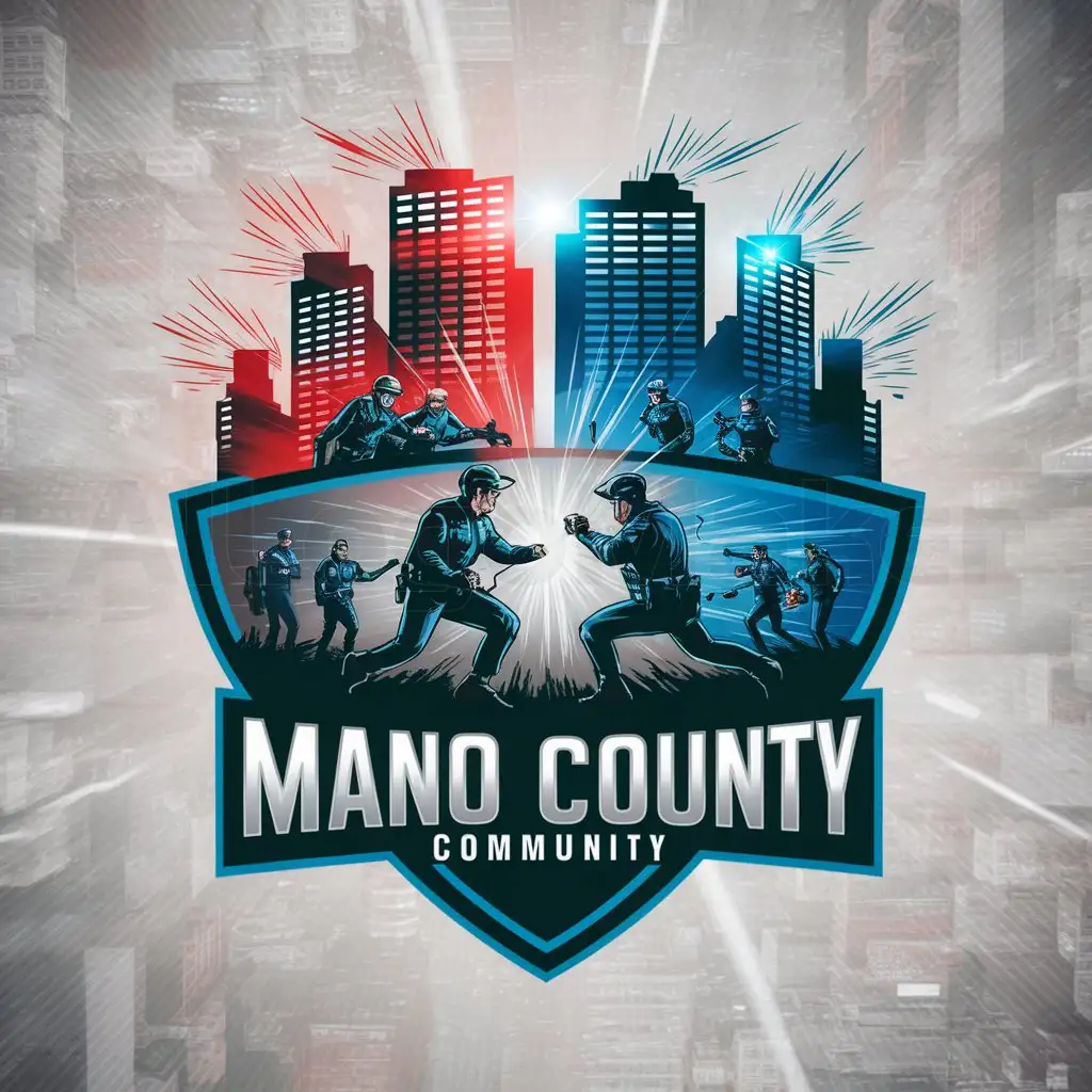LOGO-Design-for-Mano-County-Community-Dynamic-Skyscrapers-in-Red-and-Blue-Amidst-PoliceCriminal-Confrontation