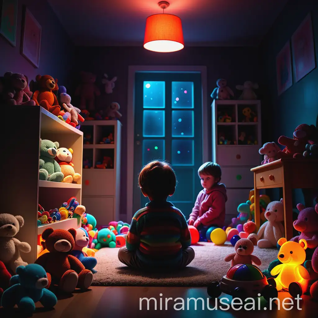 Un niño en una habitación casi obscura lleno de juguetes de colores fríos y sin sentimientos pero hay uno en concreto que irradia luz de el y tiene colores cálidos