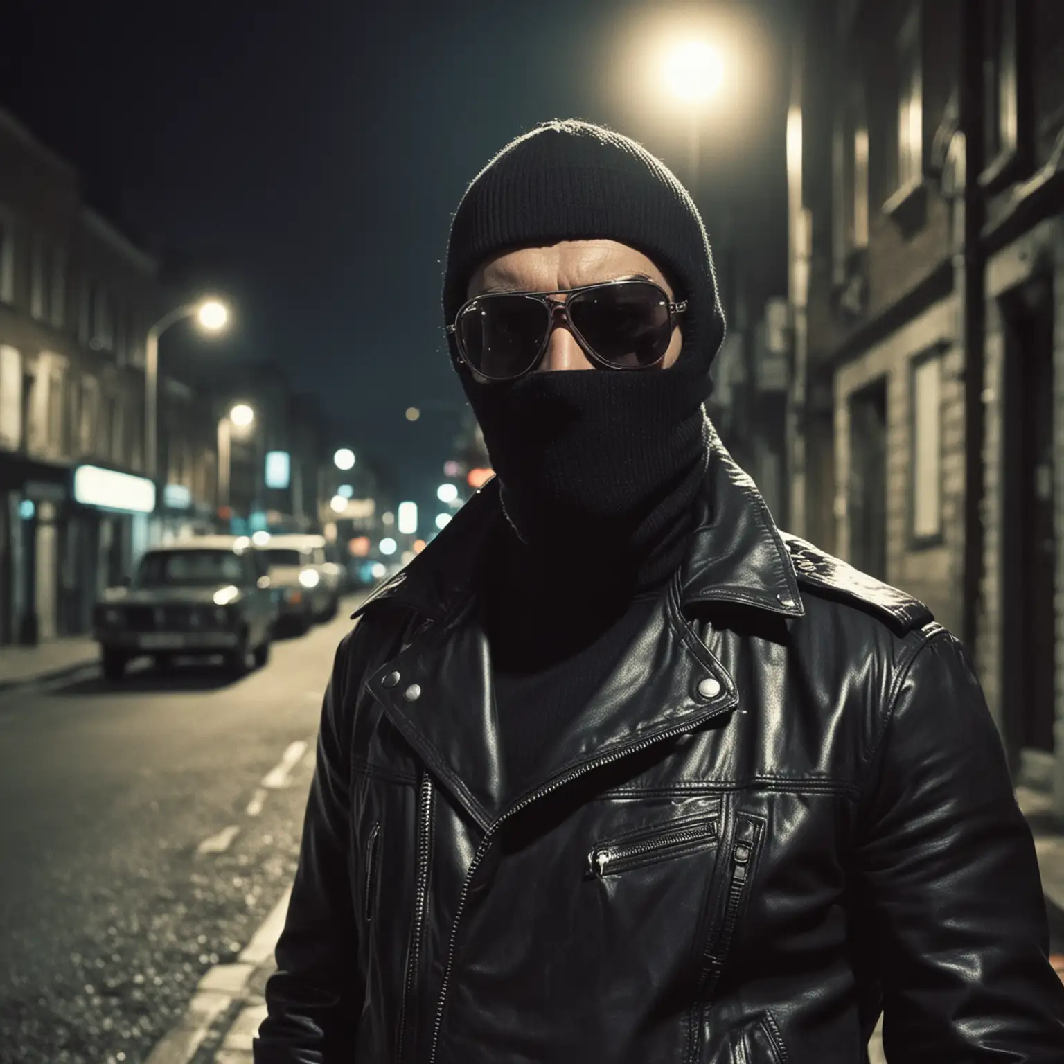 Undercover Detective in Balaclava and Leather Jacket on Dark Urban Streets