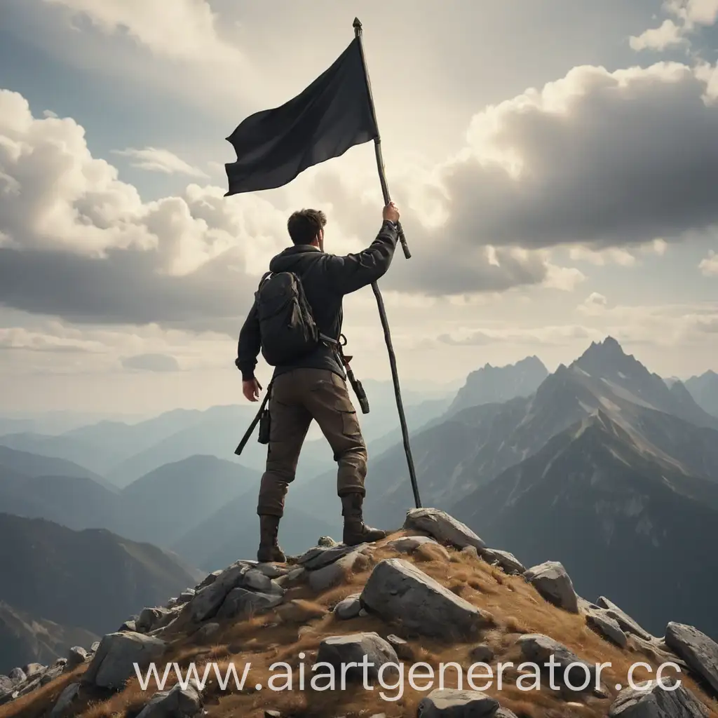 Triumphant-Man-Conquers-Mountaintop-with-Black-Flag