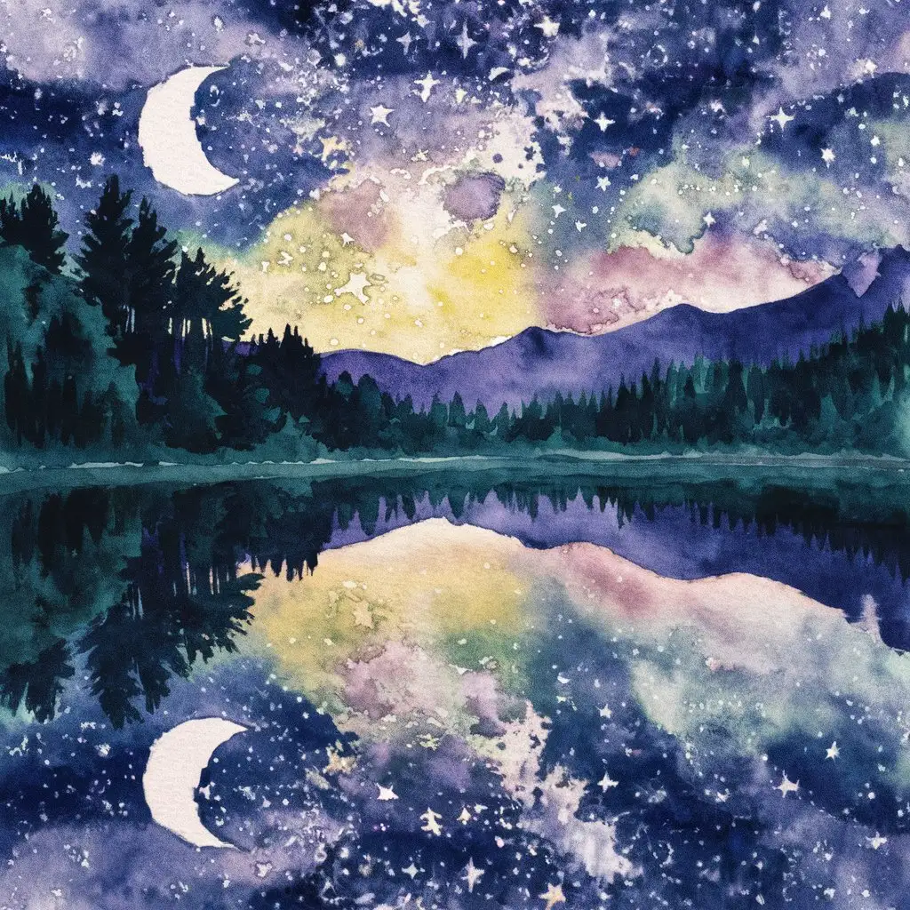 A watercolor painting of a starry night sky reflected on a calm lake.