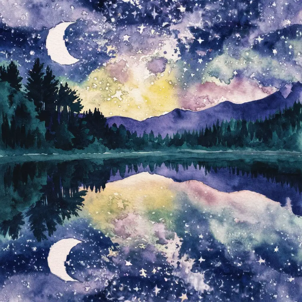 A watercolor painting of a starry night sky reflected on a calm lake. 