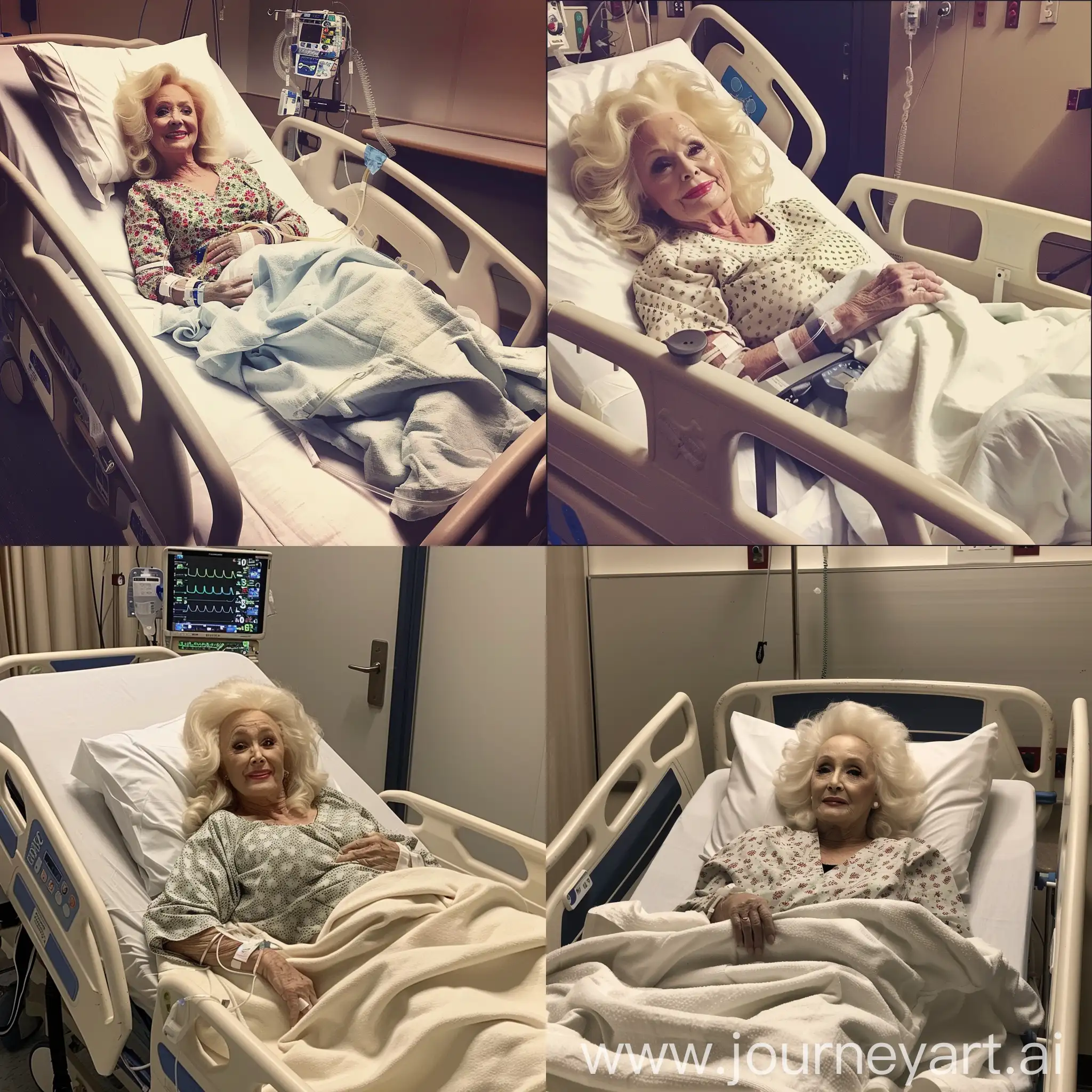 Dolly Parton is lying in a hospital bed --v 6 --ar 1:1 