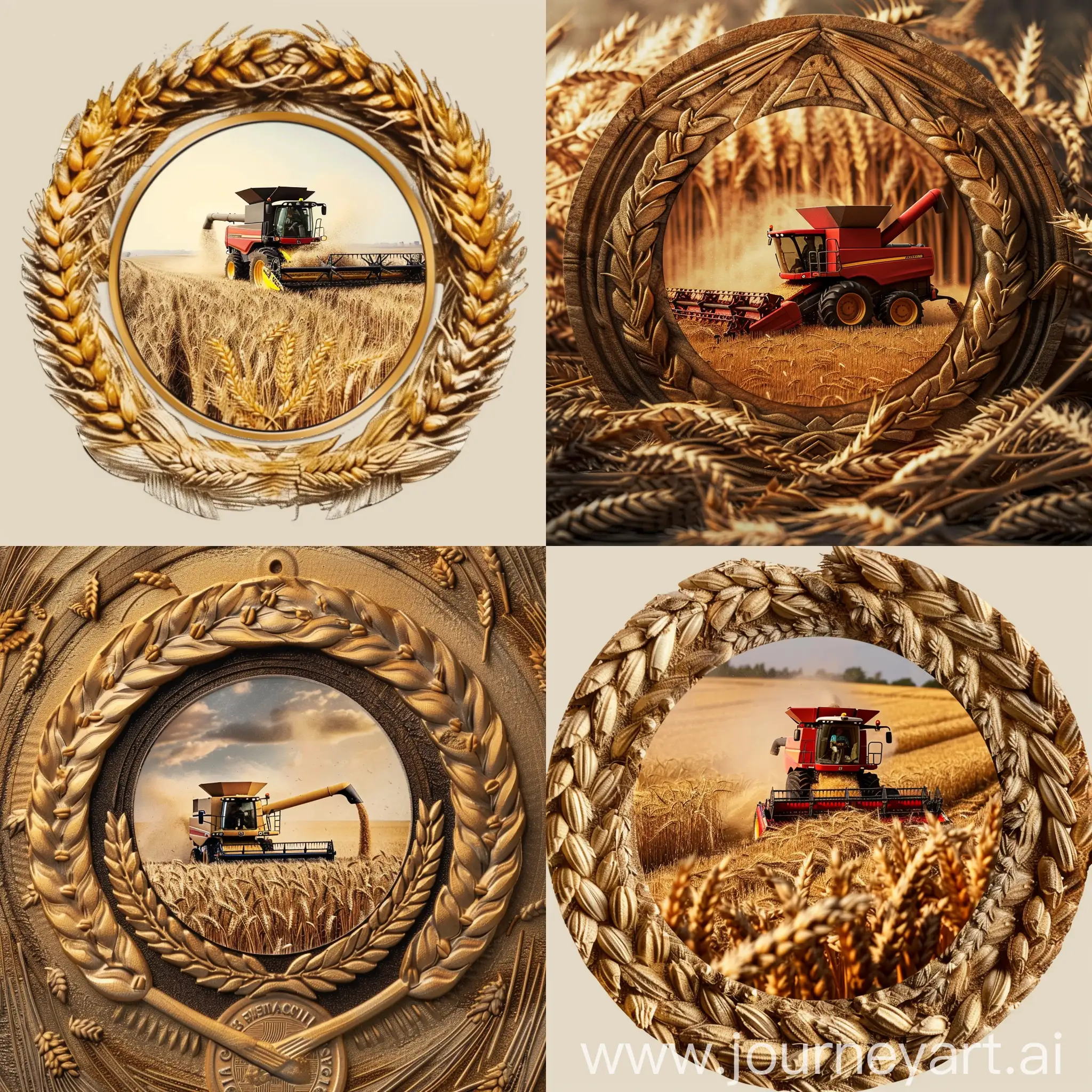 логотип в виде круглой монеты, по краю монеты плетеные колосья пшеницы, в центре монеты комбайн молотящий пшеницу в поле