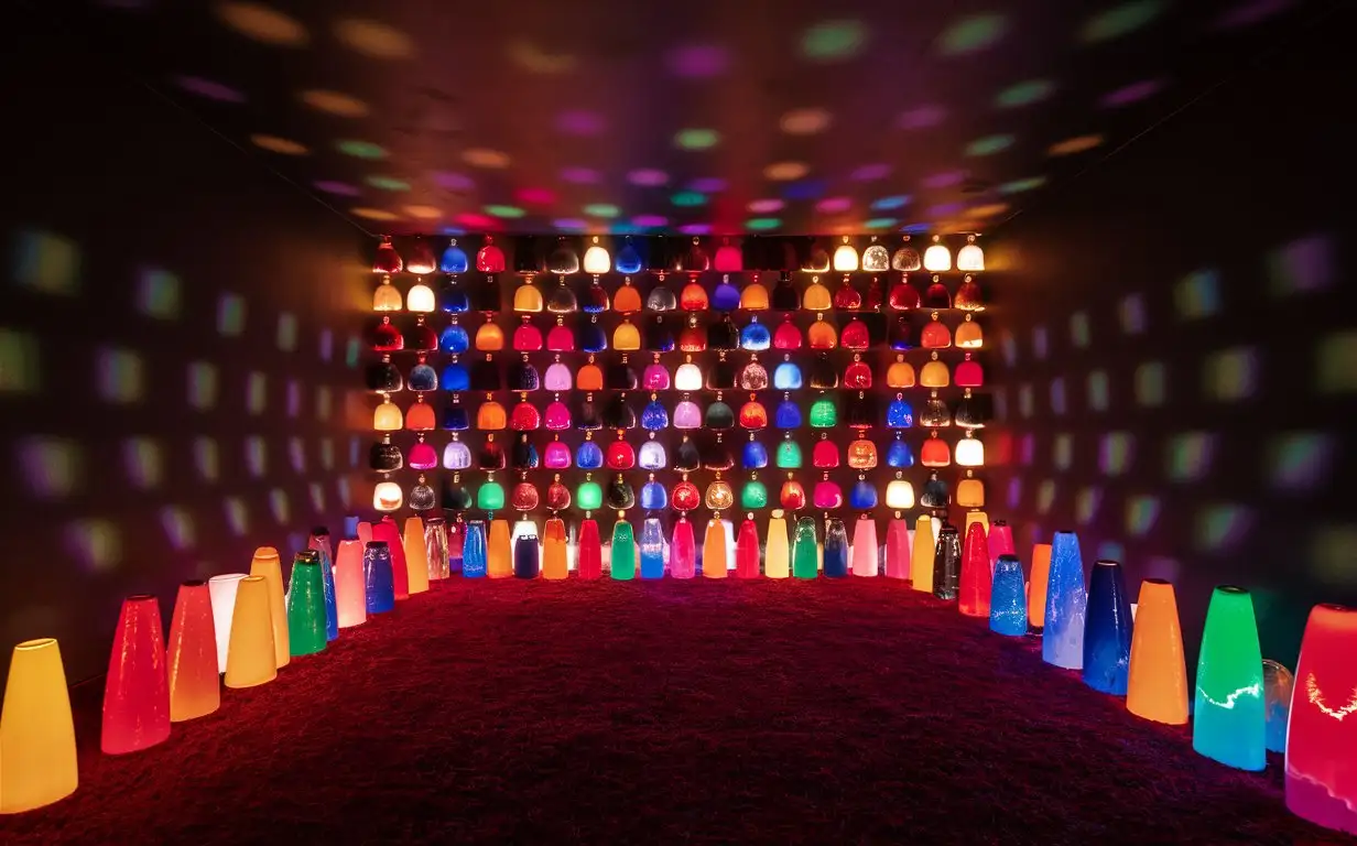 A Black room, lit only by 100 Lava lamps covering the entire back wall