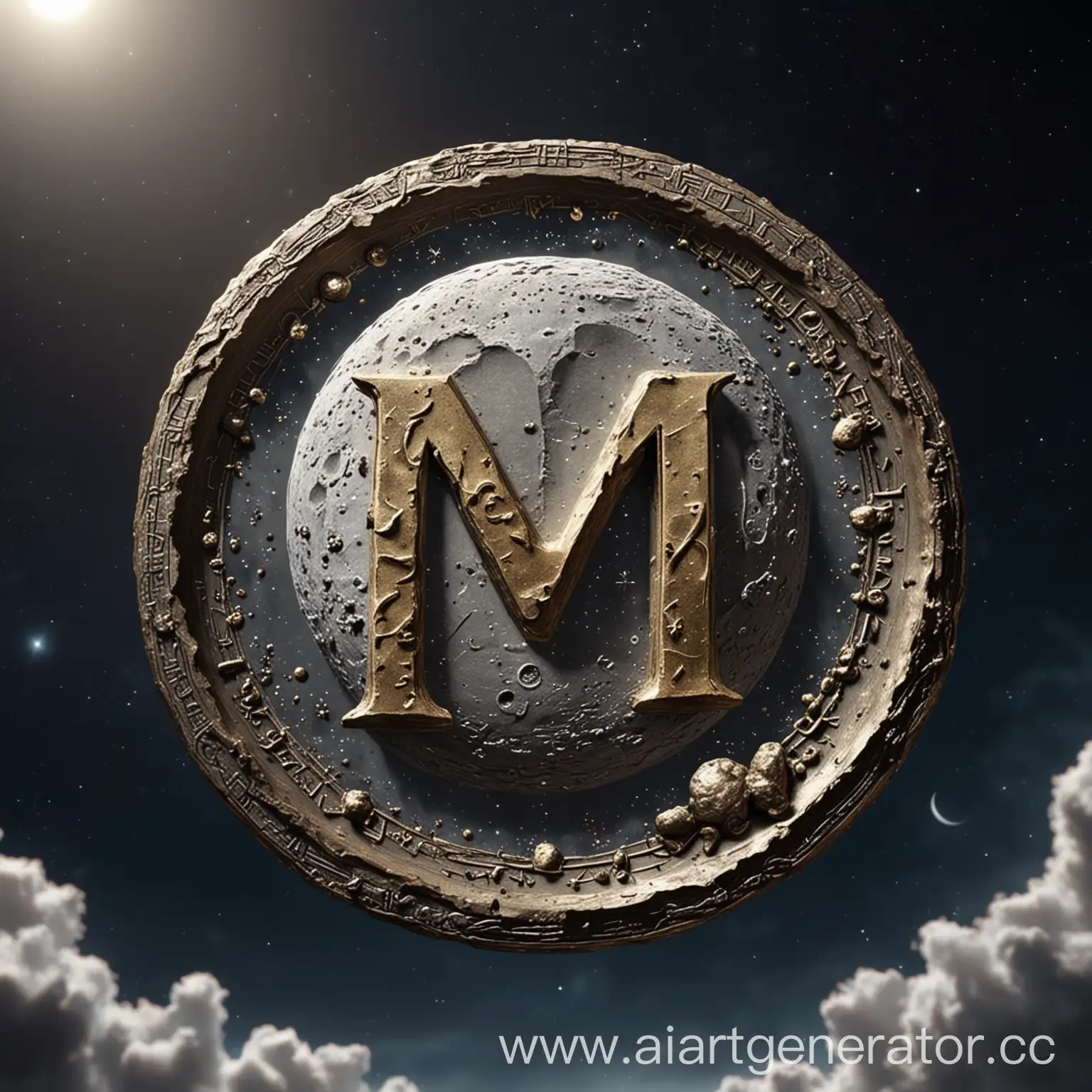 Монета, форма,  луны, красивая, в центре буква М, чуть ниже надпись MNC, фон, космос, реалистика, 4K