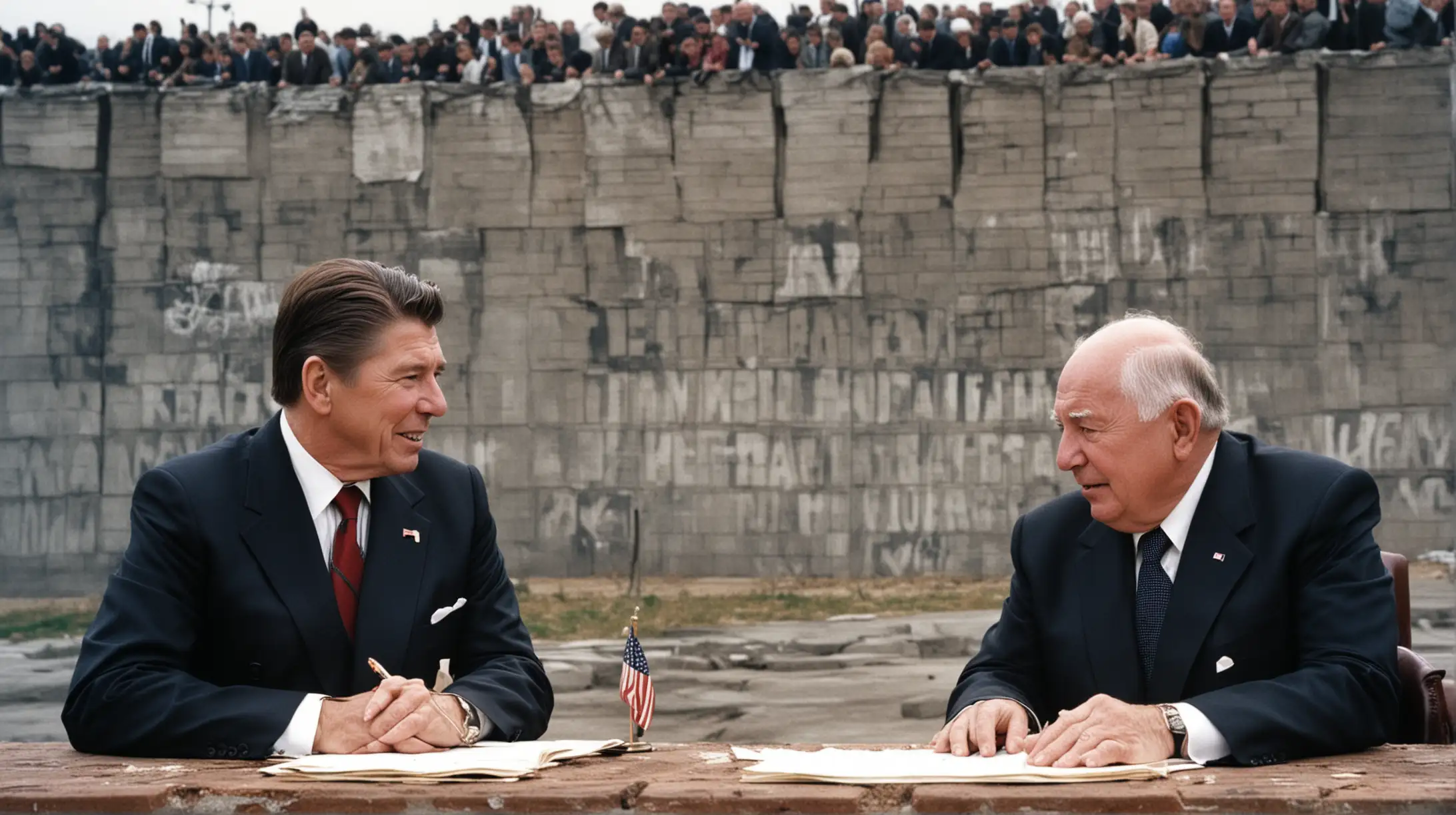 Ronald Reagan and Mikhail Gorbachev Signing Nuclear Disarmament Treaty with Berlin Wall Background