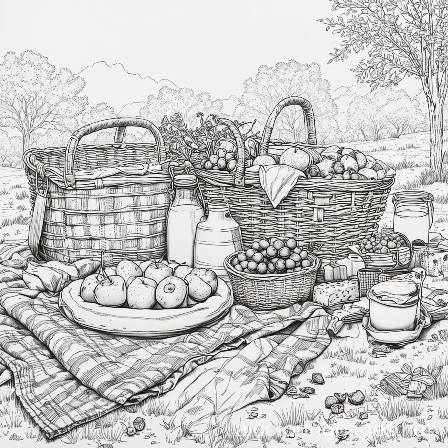 picnic , Coloring Page, black and white, line art, white background, Simplicity, Ample White Space. The background of the coloring page is plain white to make it easy for young children to color within the lines. The outlines of all the subjects are easy to distinguish, making it simple for kids to color without too much difficulty