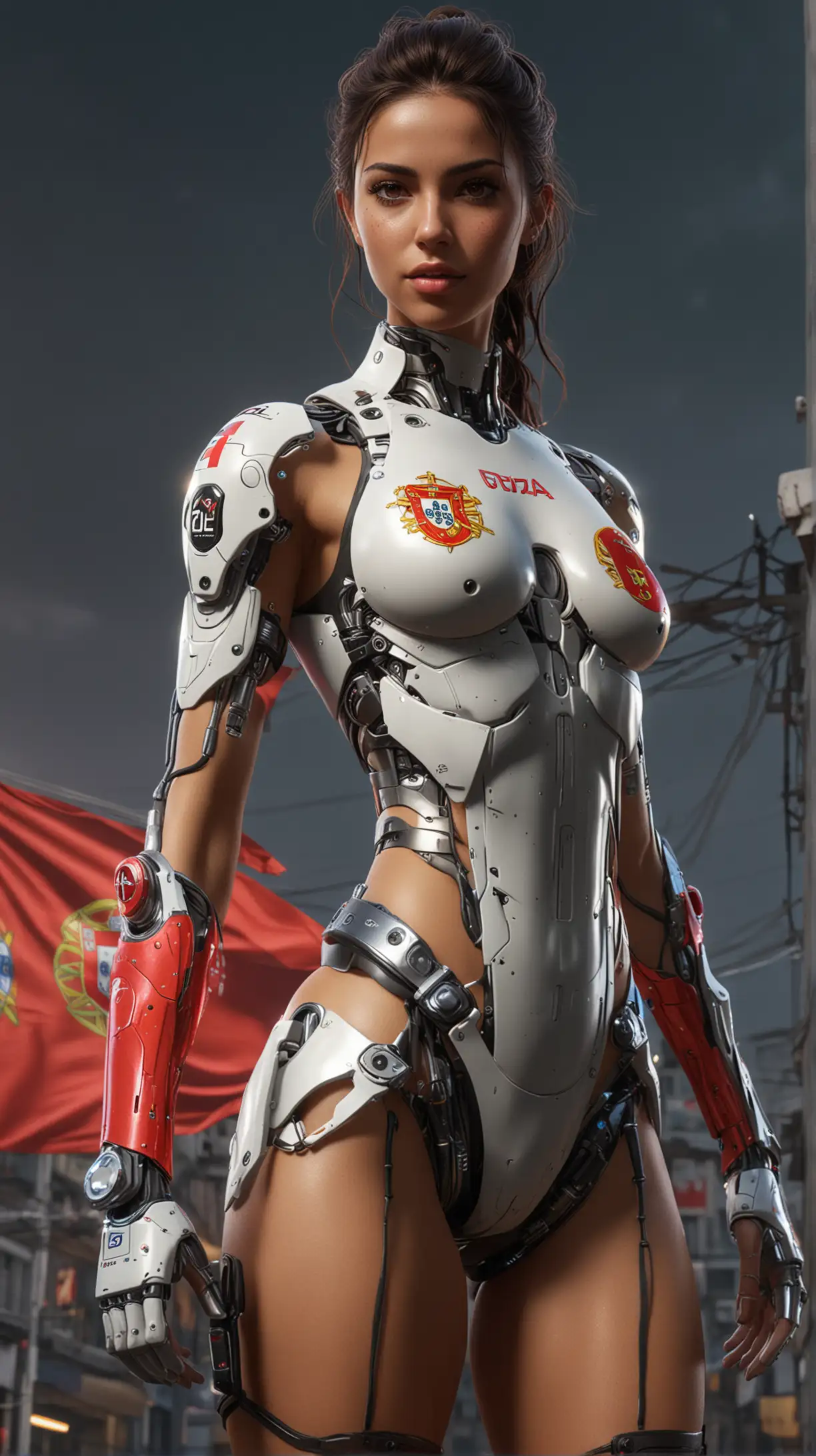 Portugal as a cybernetic beauty olive skin girl, full height, with flag, neon, 8K, hyper-realistic, ultra-realistic, focused, high details, unreal engine 5, cinematic
