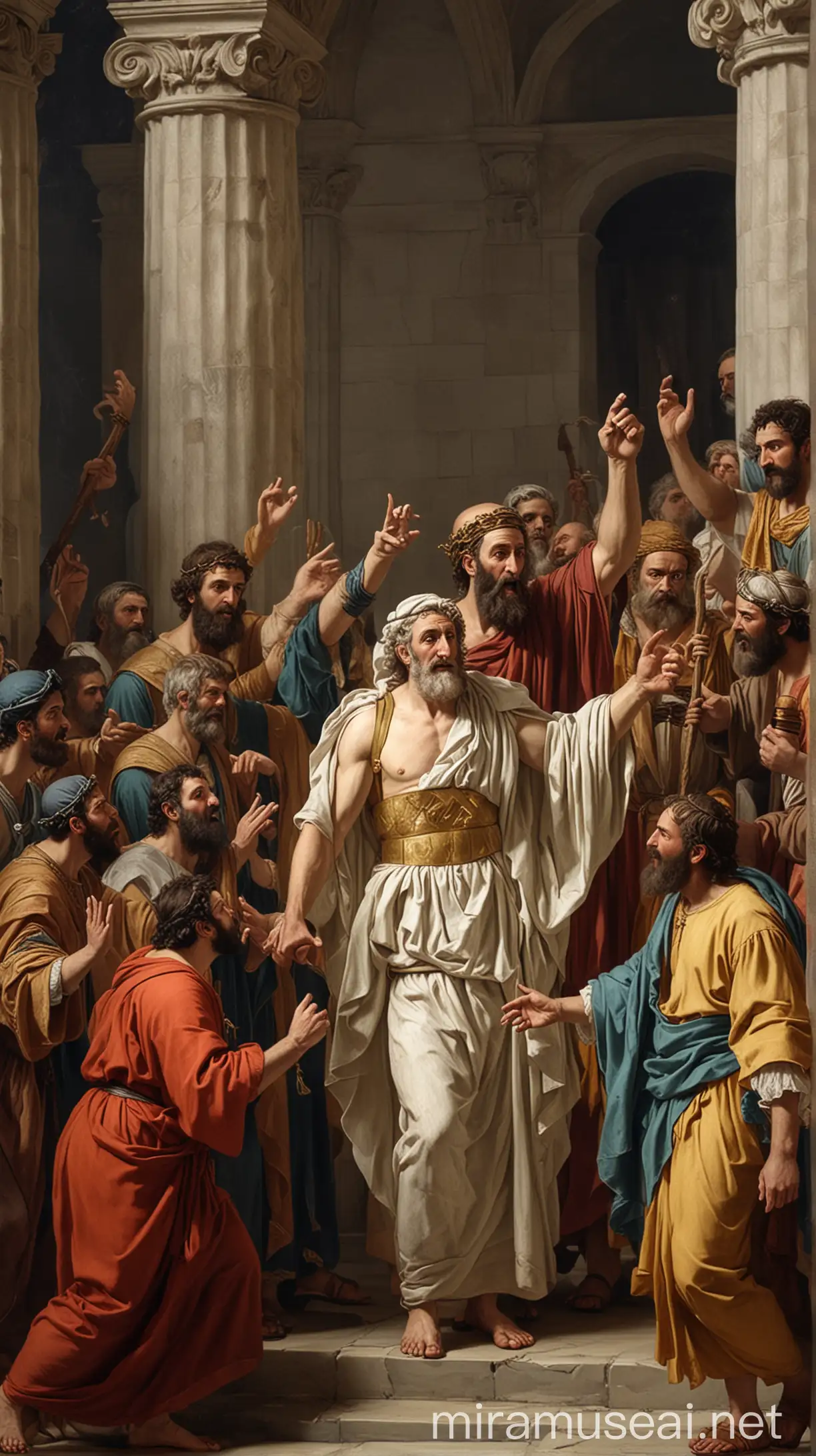 Create an image illustrating Paul being brought before Gallio by Sosthenes and other synagogue leaders, accusing him of religious misconduct in ancient world 