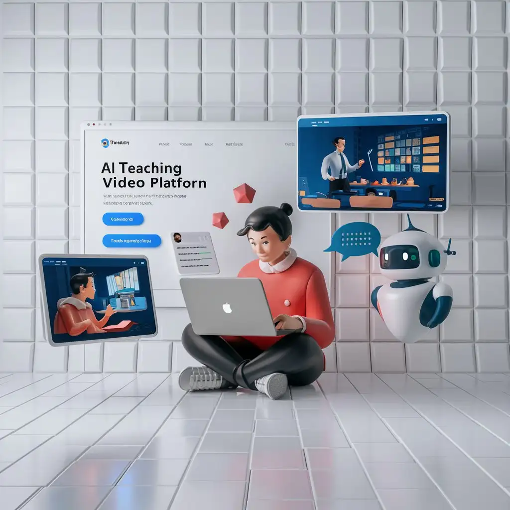Create a 3D wallpaper for an AI teaching video platform homepage with a pure white background. Place three floating images on the right side of the screen: a stylized professor who is teaching class, a student watching a video on a laptop, and an animated chat-bot with a speech bubble. The overall effect should be clean, modern, and lively, with a 3D feel that maintains simplicity and focus on the elements.