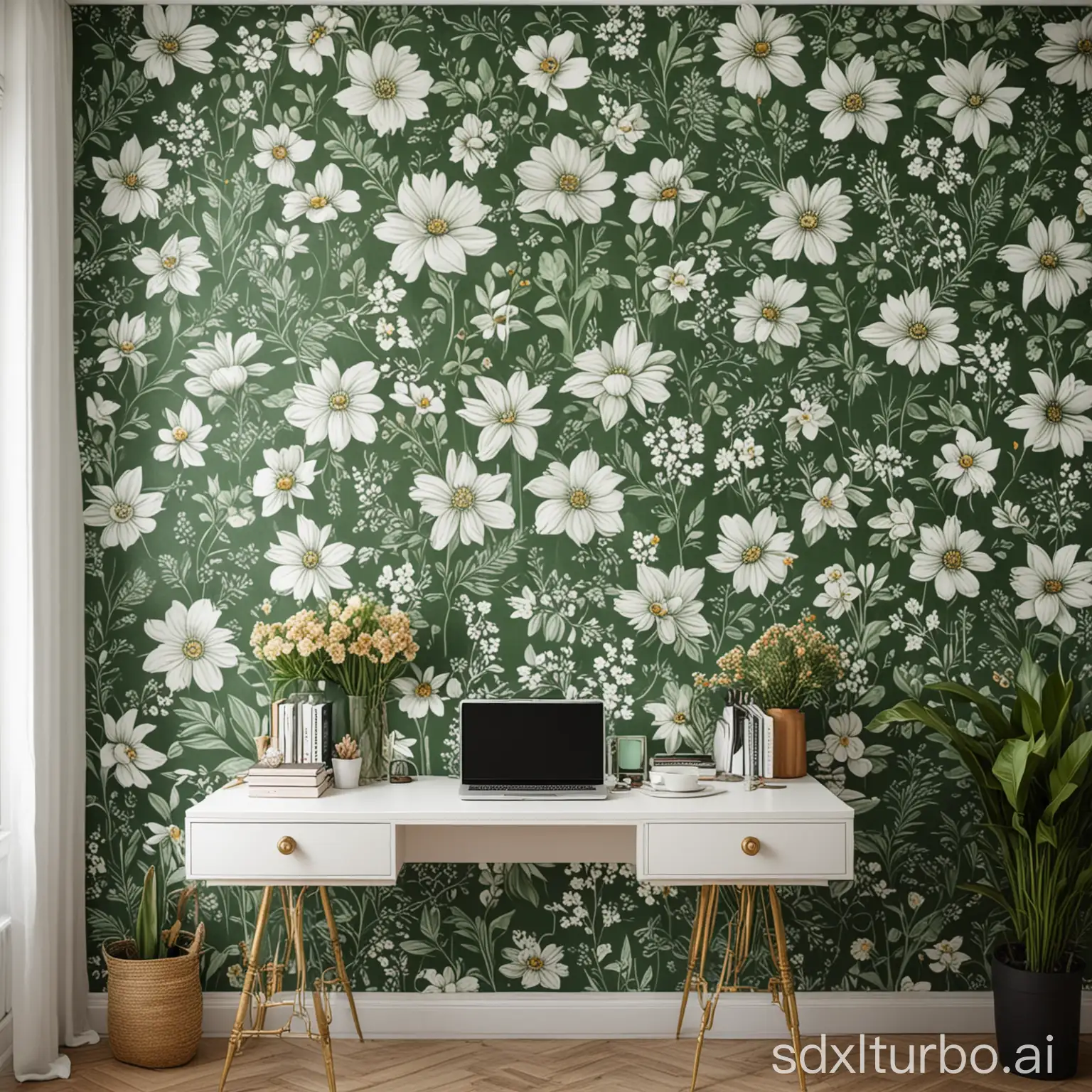 Stylish-Green-and-White-Patterned-Wall-with-Floral-Desk-Decor