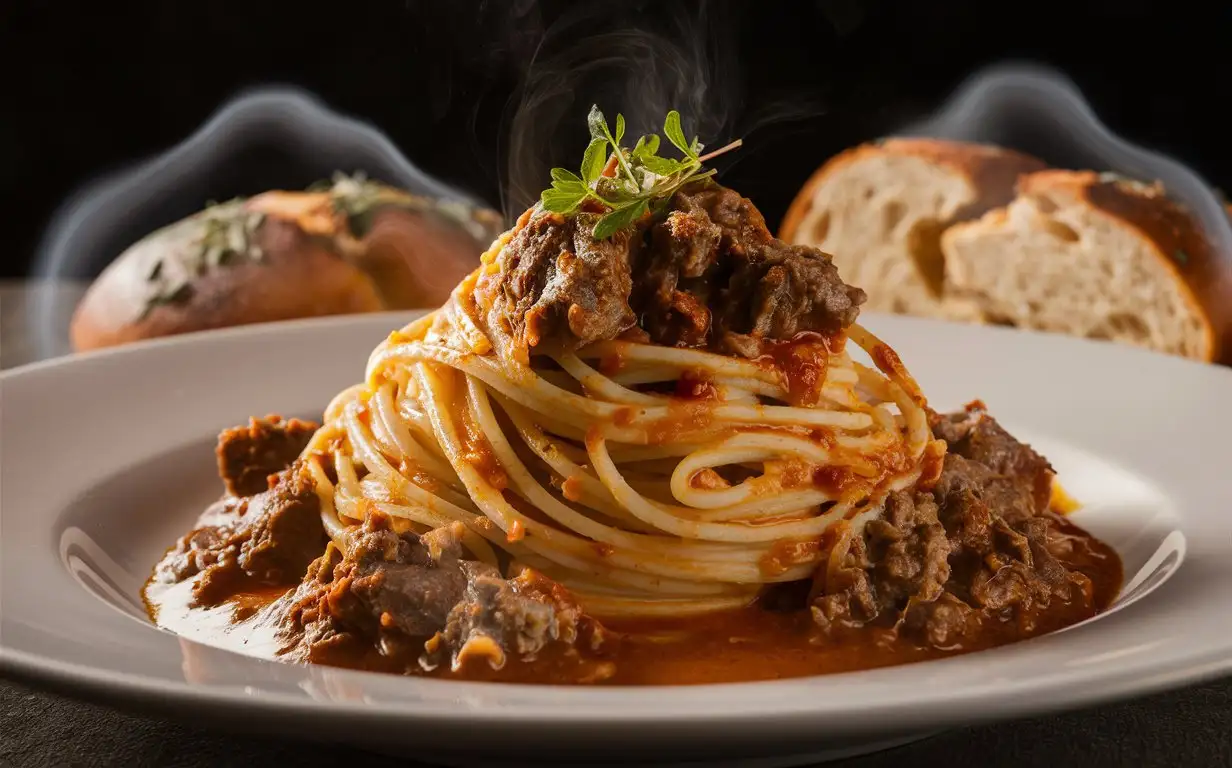 Savory-Pasta-with-Meat-Sauce-and-Herb-Bread-Delectable-MidSegment-Backlit-Perspective