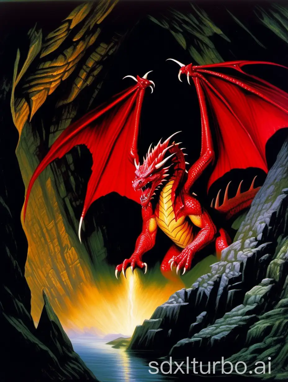 oil painting, an angry red dragon, in a dark cave, wide shot, style of 1988 Dungeons and Dragons, by Jeff Easley,