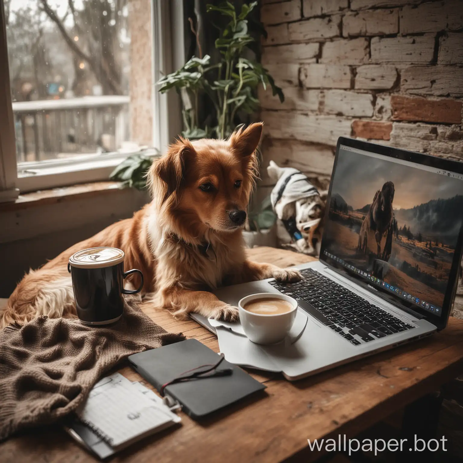 a cool atmosphere with a hot coffee and laptop along with a dog
