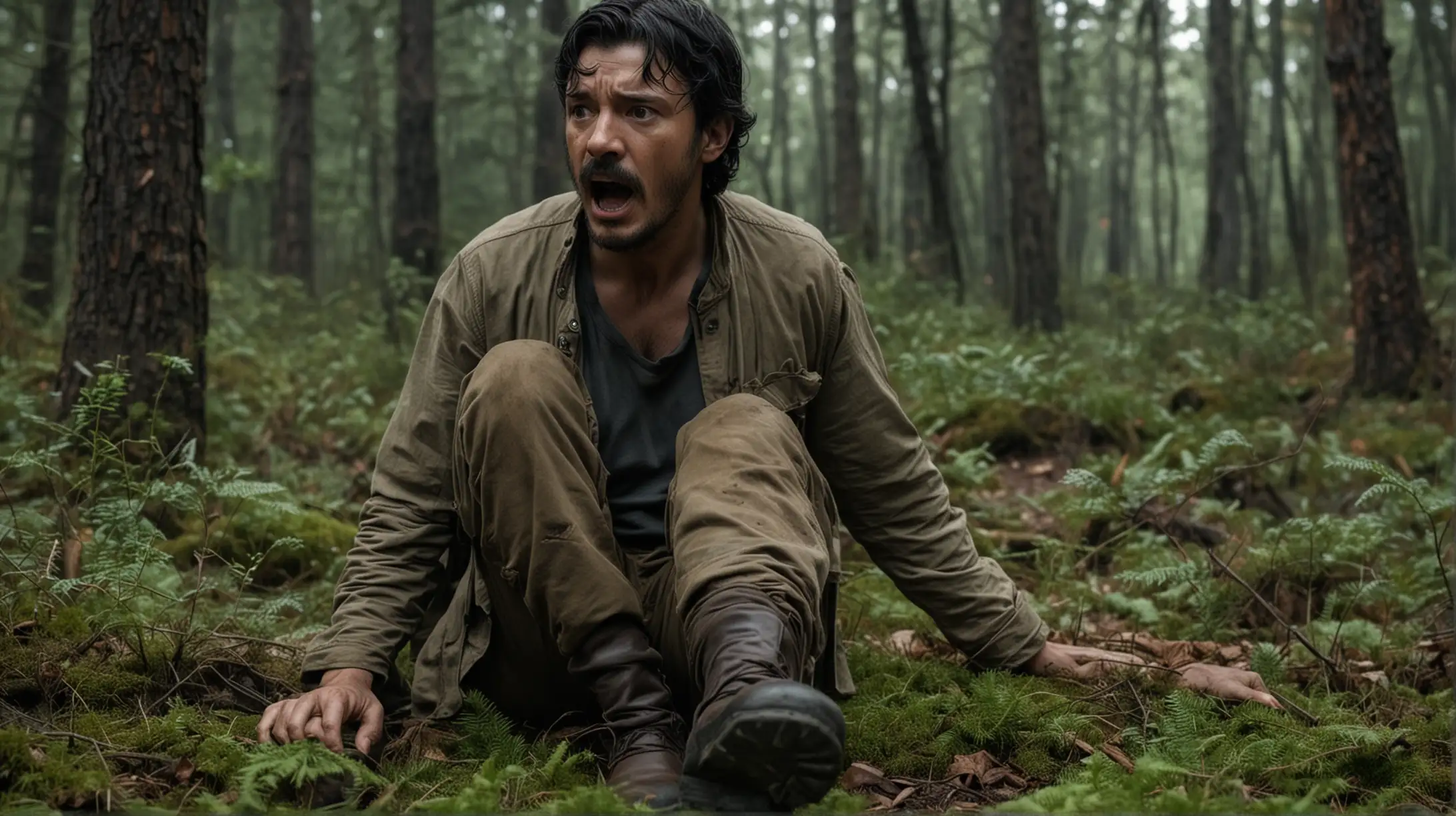 Cassian, a rugged man with black hair and mustache on the forest floor terrified with a deep cut on his leg.