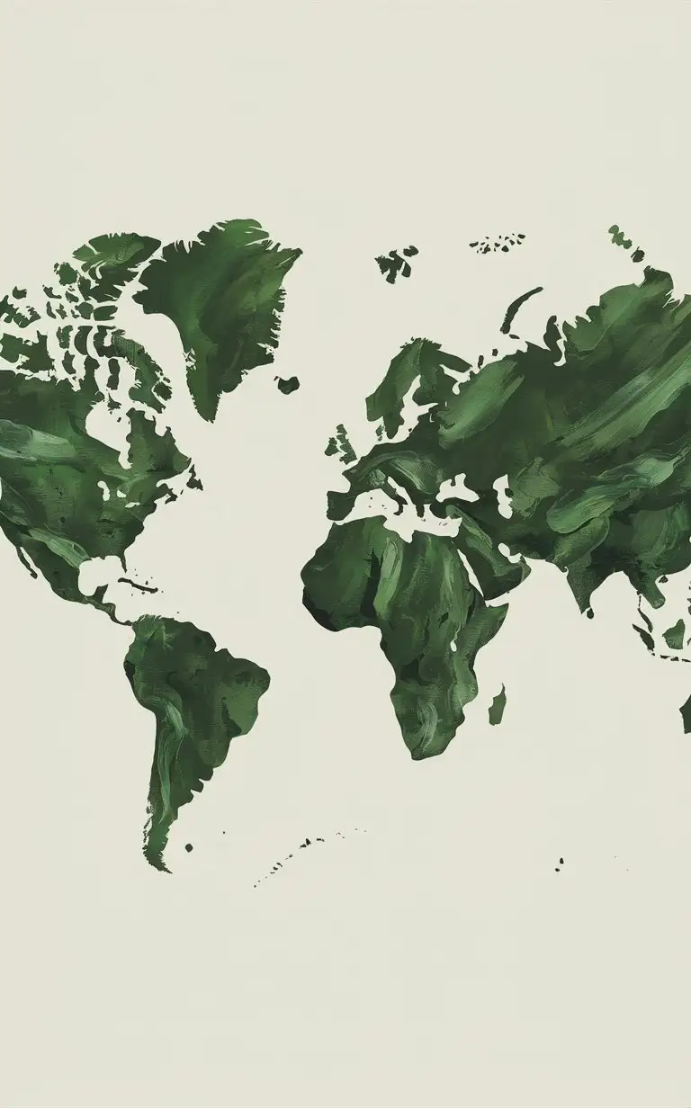 Abstract BrushPainted Map of the 7 Continents in Natural Green Tones